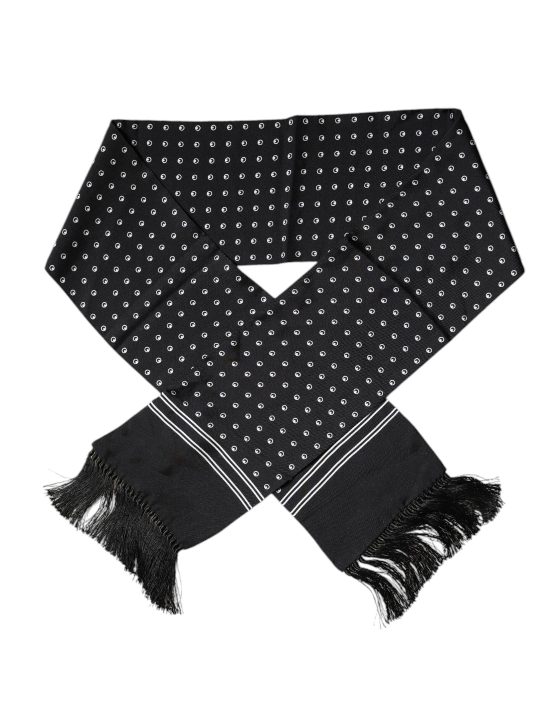 Dolce & Gabbana Black White Polka Dotted Silk Skinny Fringes Scarf