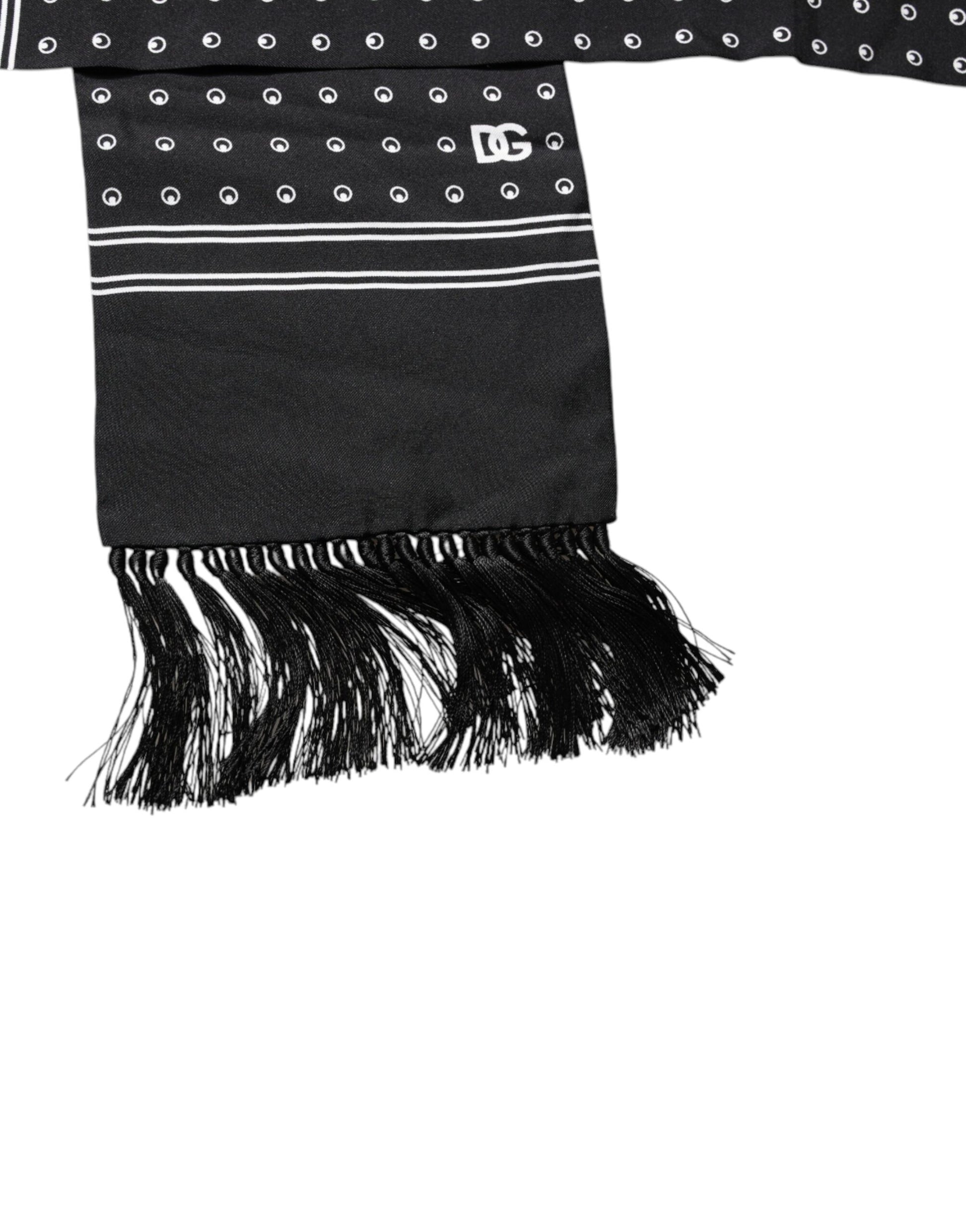 Dolce & Gabbana Black White Polka Dotted Silk Skinny Fringes Scarf