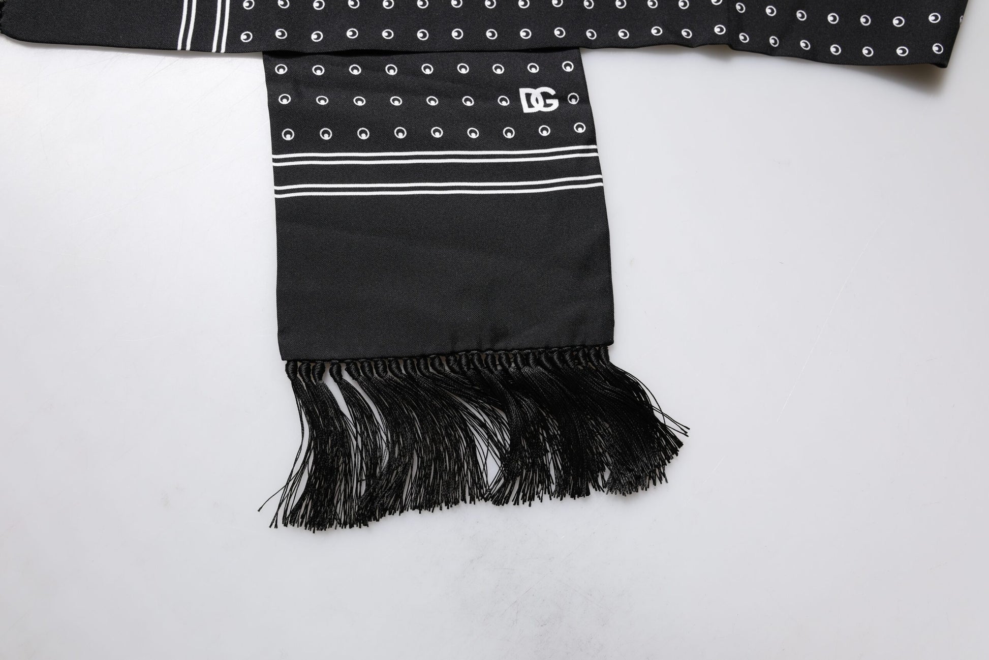 Dolce & Gabbana Black White Polka Dotted Silk Skinny Fringes Scarf