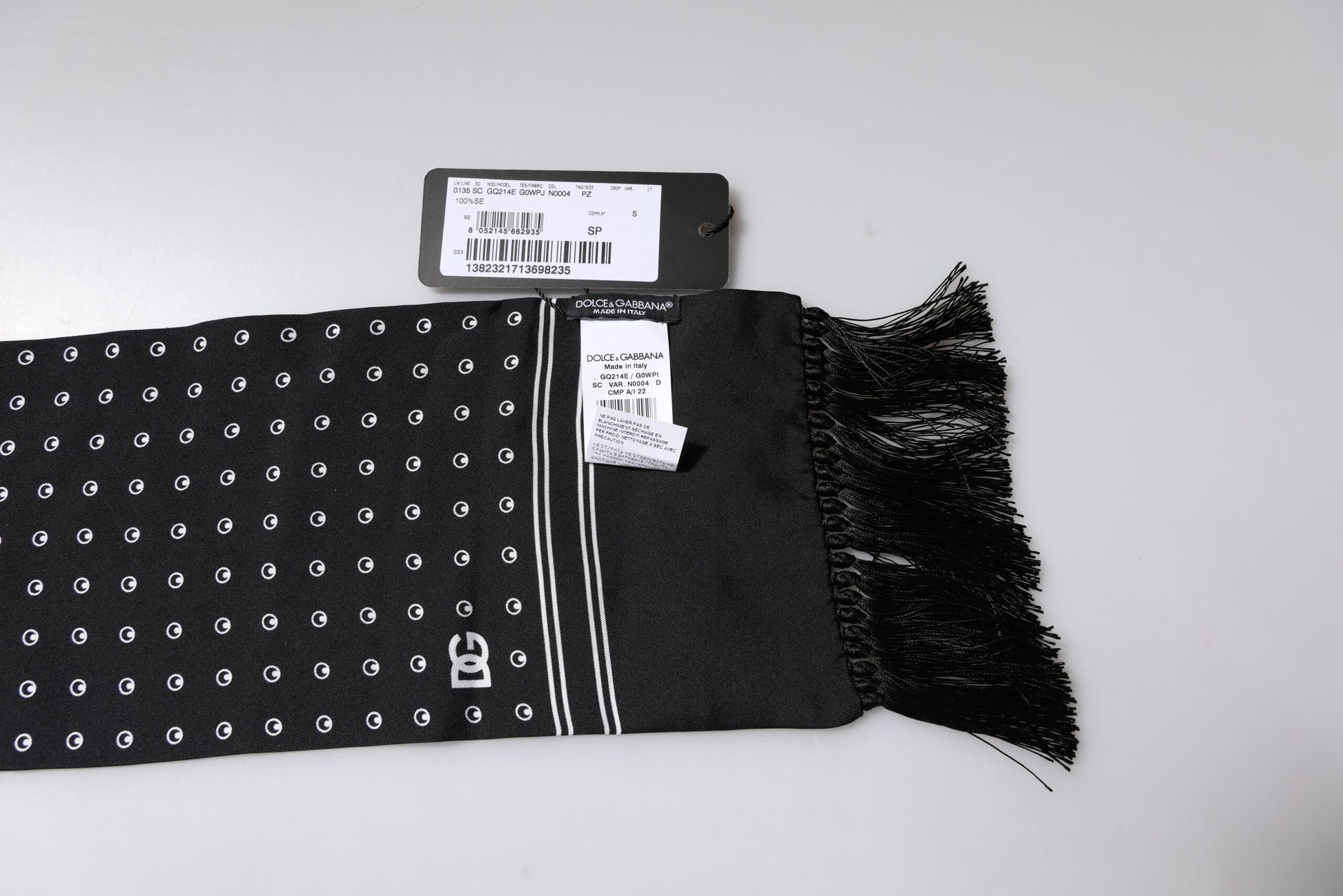 Dolce & Gabbana Black White Polka Dotted Silk Skinny Fringes Scarf