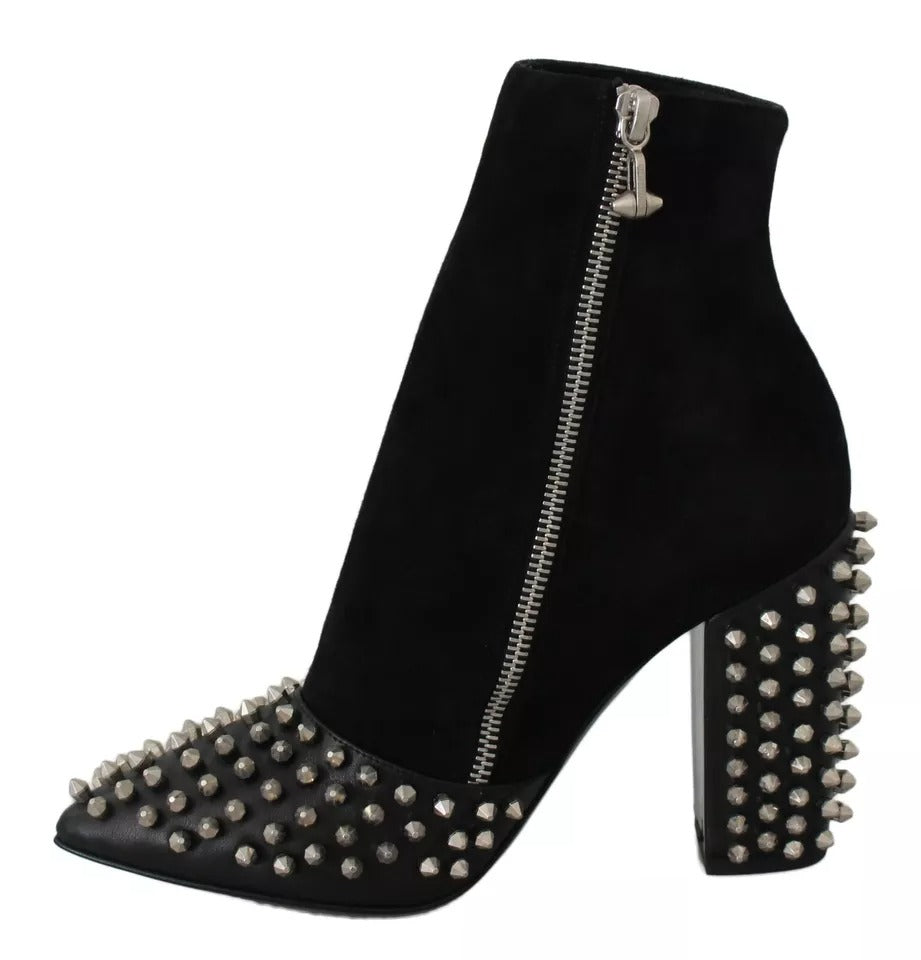 Philipp Plein Black Suede Studded Heels Ankle Boots Shoes