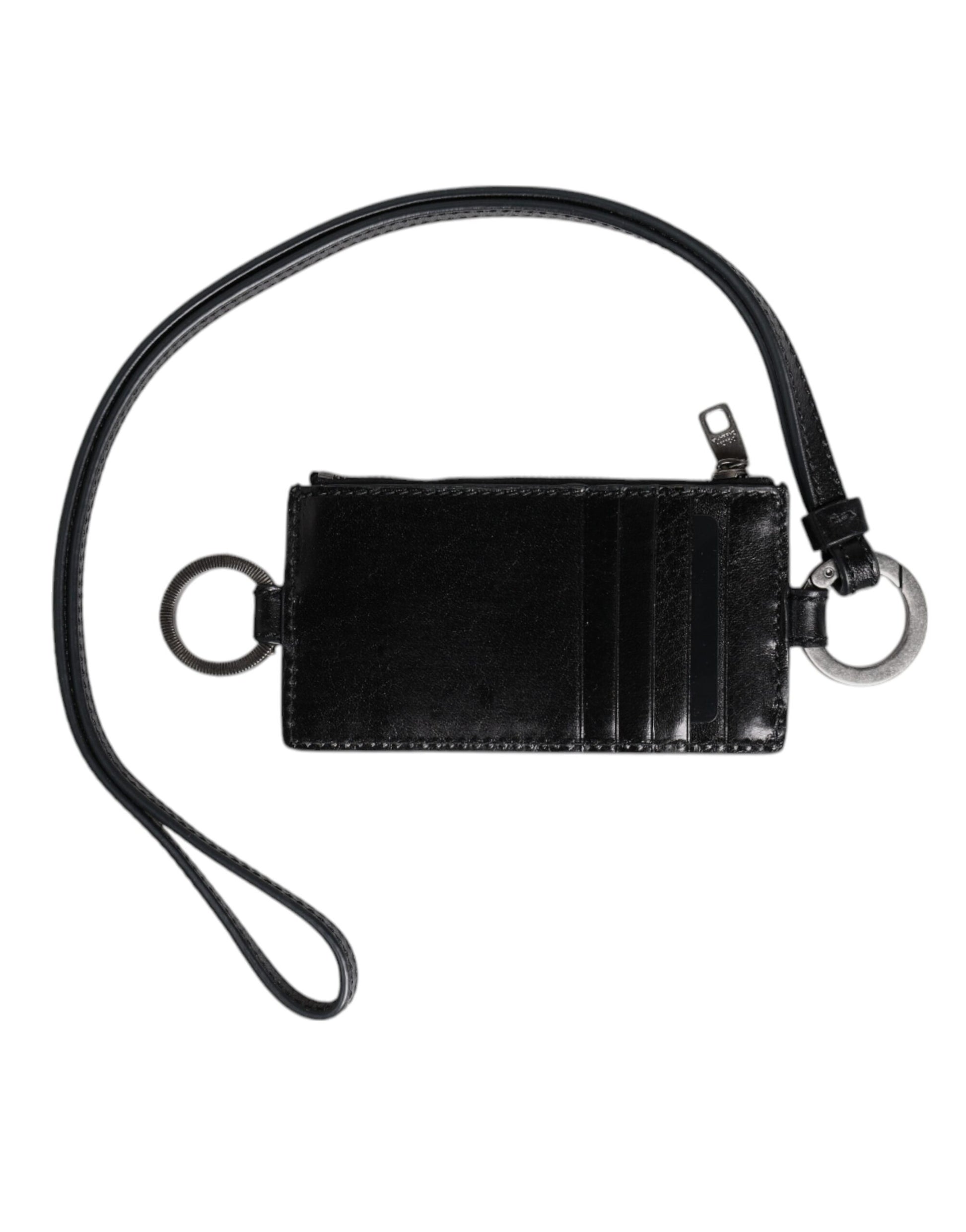 Dolce & Gabbana Black Leather Logo Embossed Lanyard Card Holder Wallet