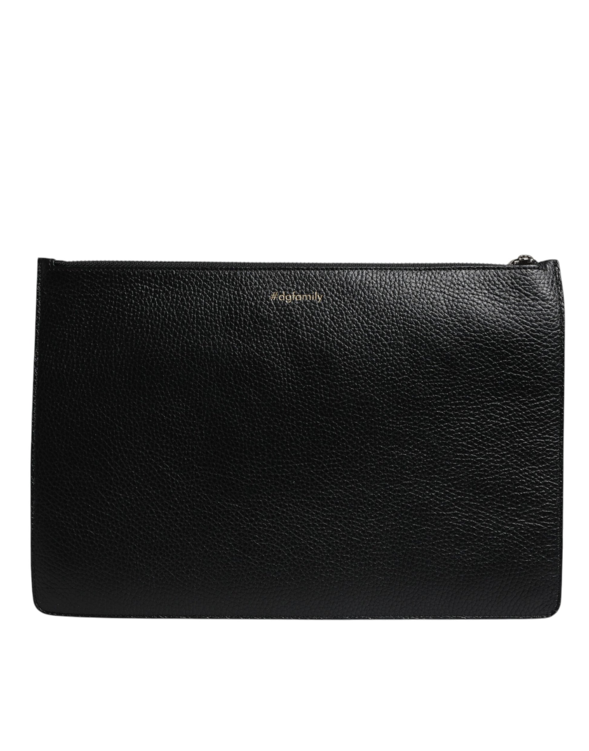 Dolce & Gabbana Black Leather #DGFAMILY Embellished Men Zip Pouch Bag