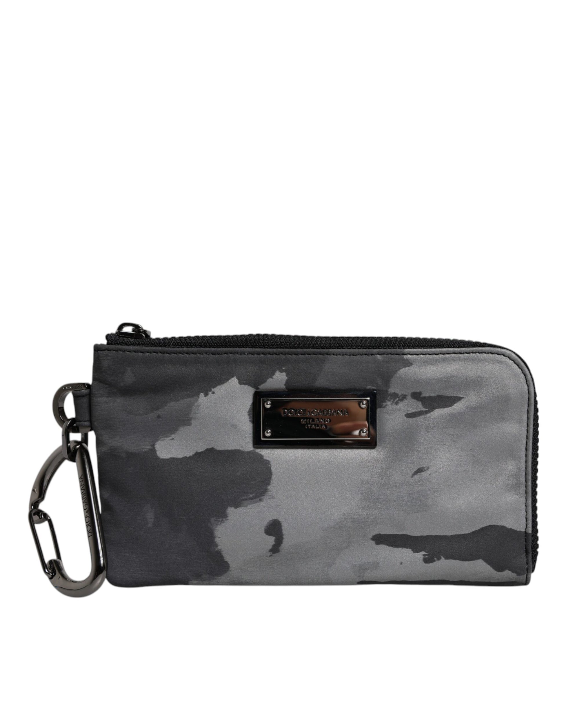 Dolce & Gabbana Black Gray Camouflage Logo Plaque Keyring Pouch Bag