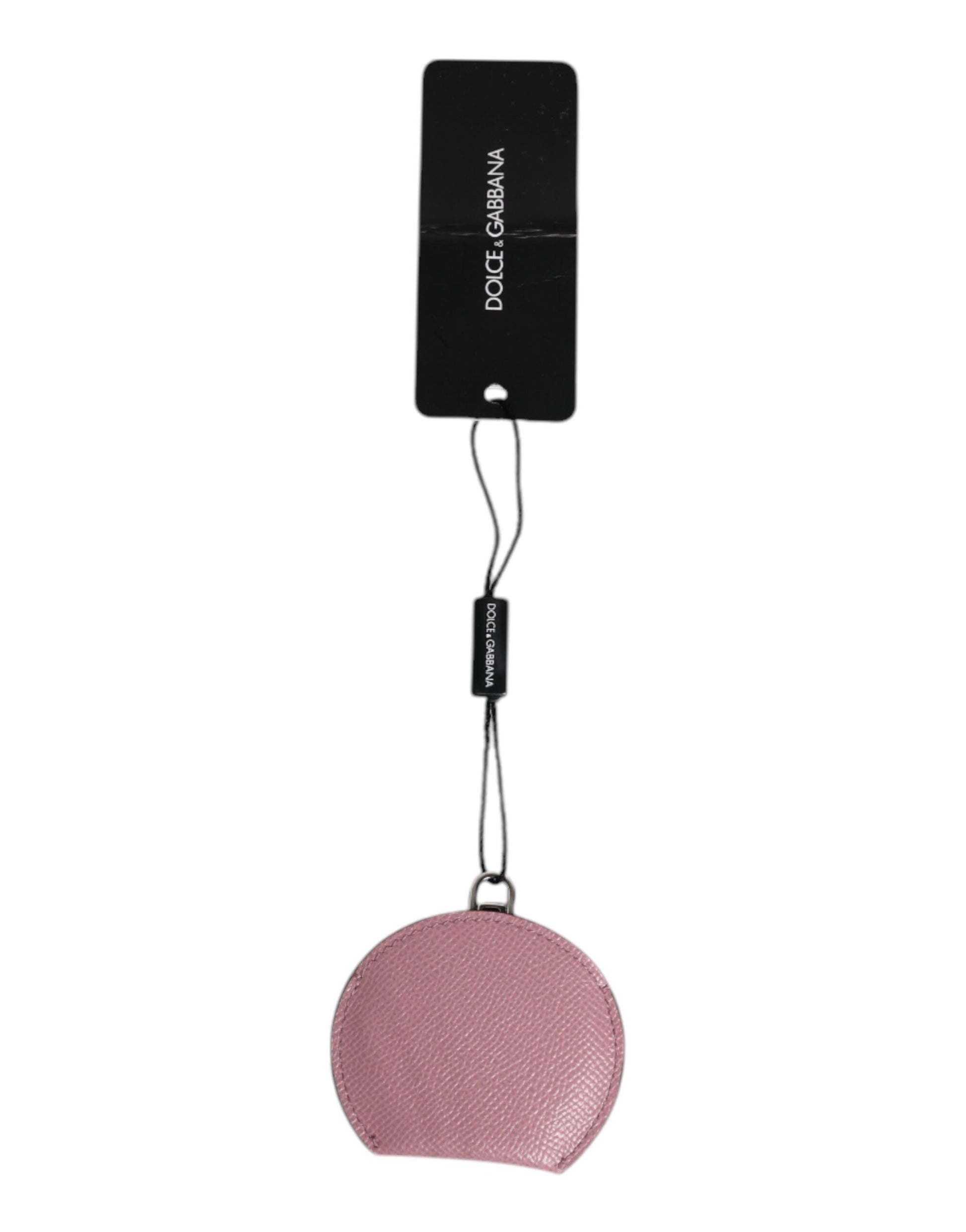 Dolce & Gabbana Pink Calfskin Leather Round Logo Hand Mirror Holder