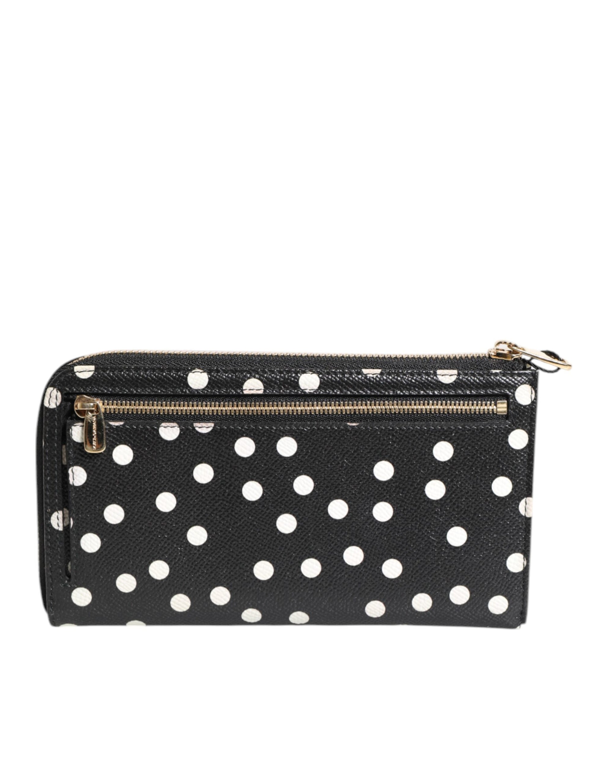 Dolce & Gabbana Black White Dotted Leather Zip Around Continental Wallet