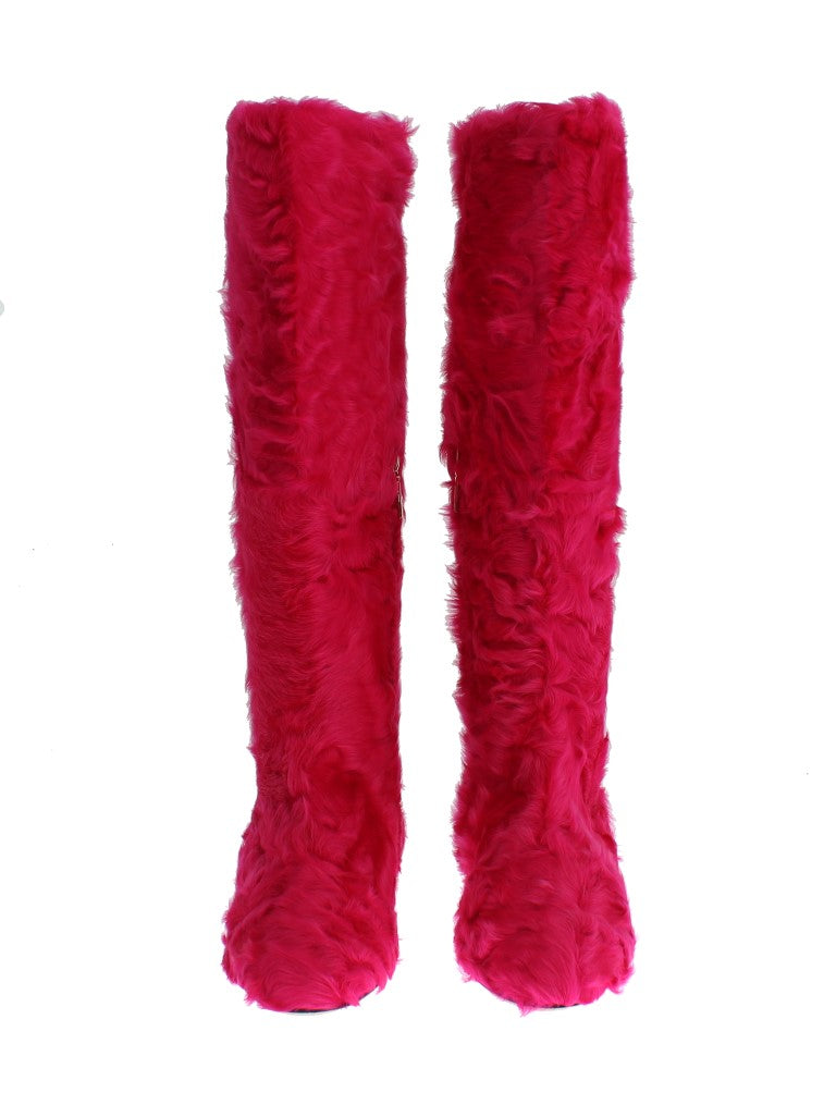 Dolce & Gabbana Pink Lamb Fur Leather Flat Boots - Qutton