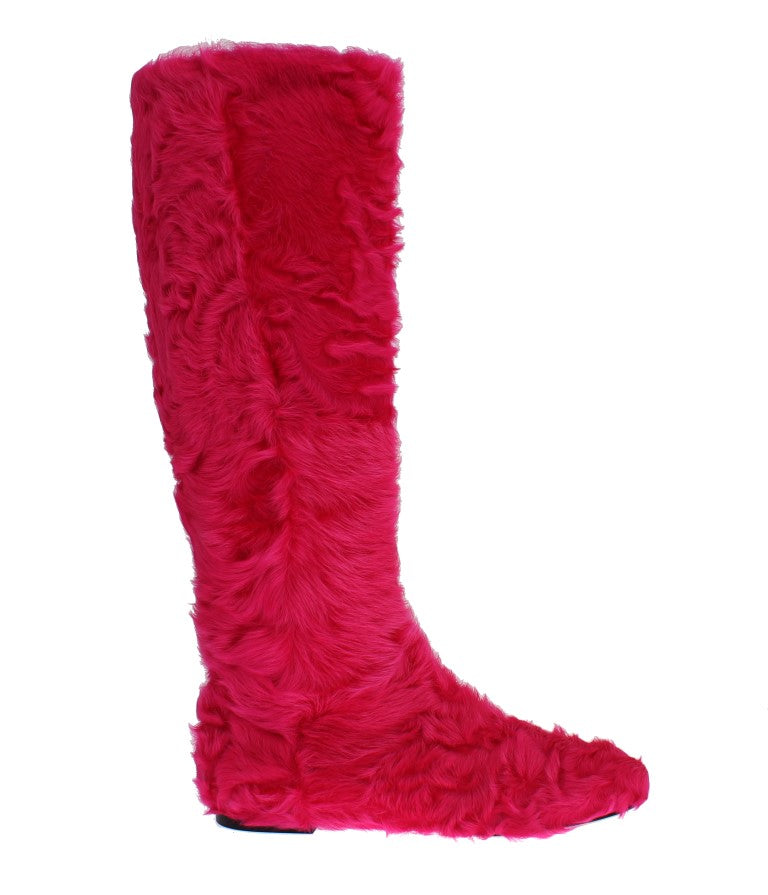 Dolce & Gabbana Pink Lamb Fur Leather Flat Boots - Qutton