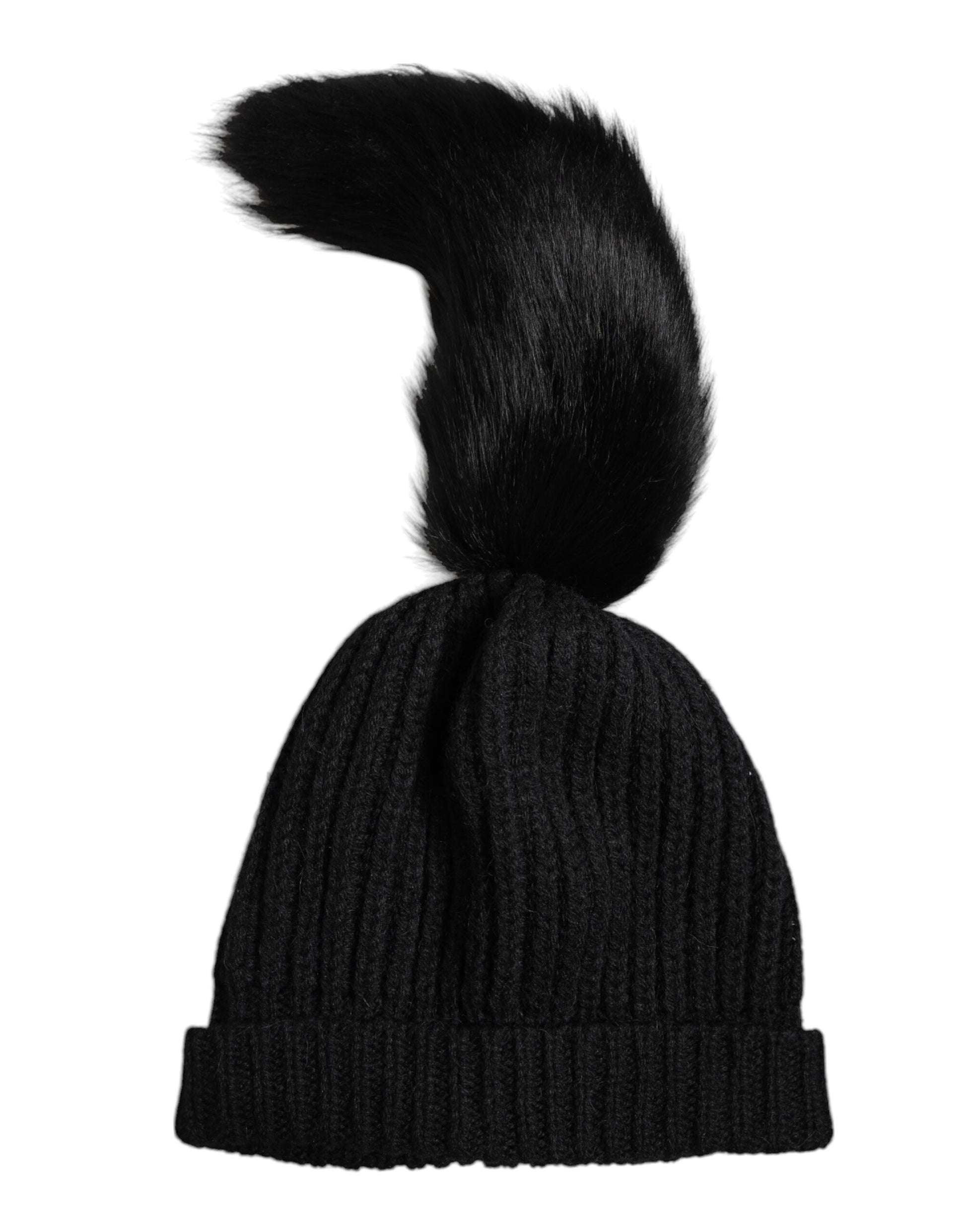 Dolce & Gabbana Black Acrylic Knitted Fur Winter Beanie Hat