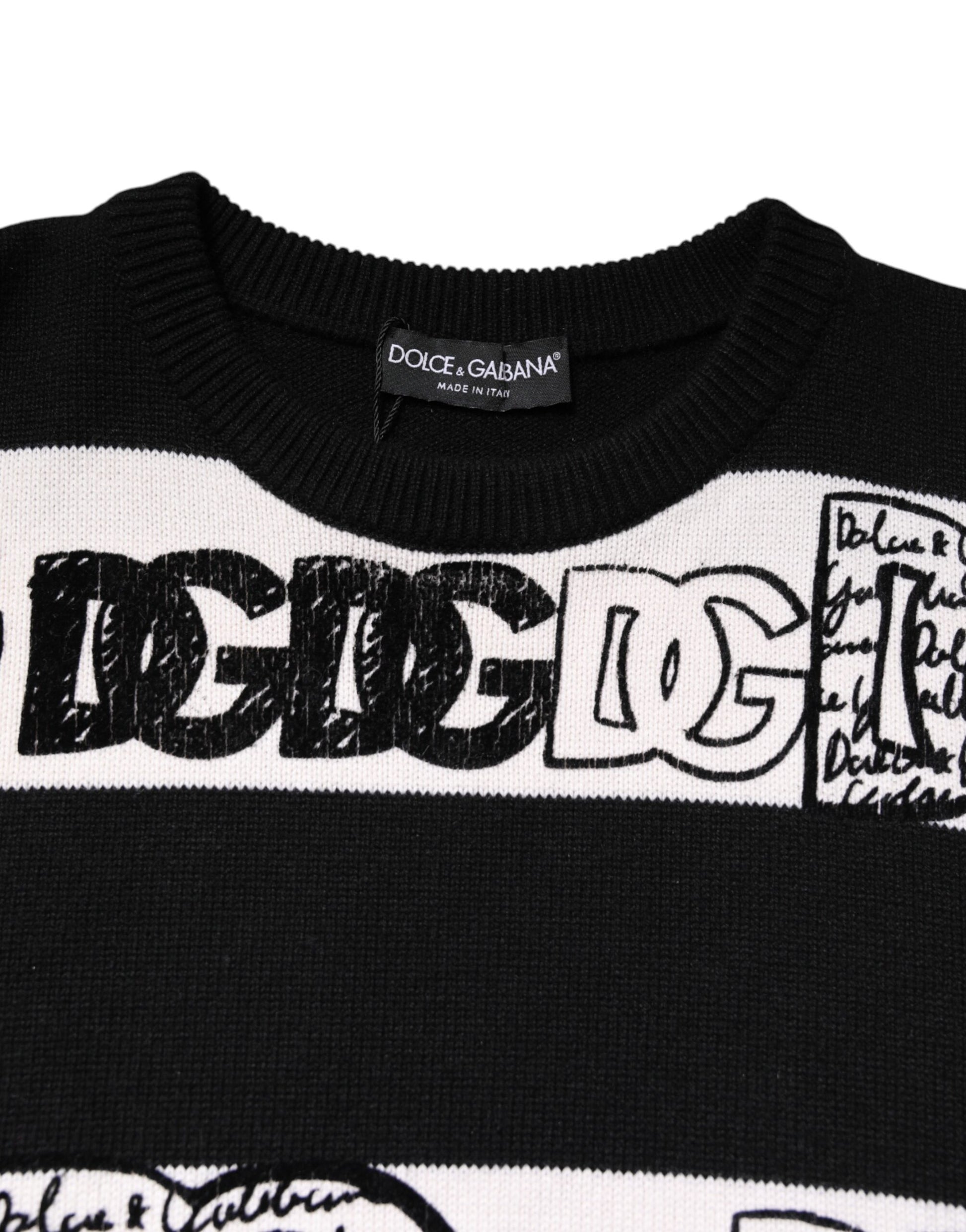 Dolce & Gabbana Black White Logo Print Wool Pullover Sweater