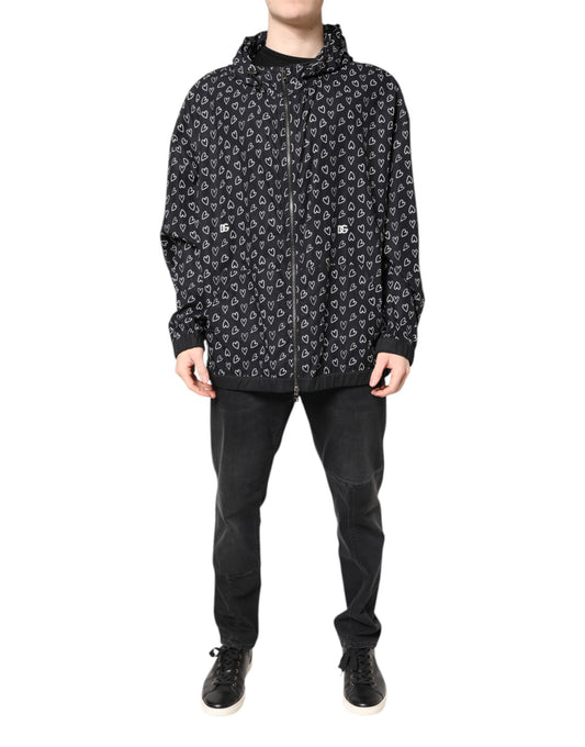 Dolce & Gabbana Black Heart Print Hooded Windbreaker Jacket