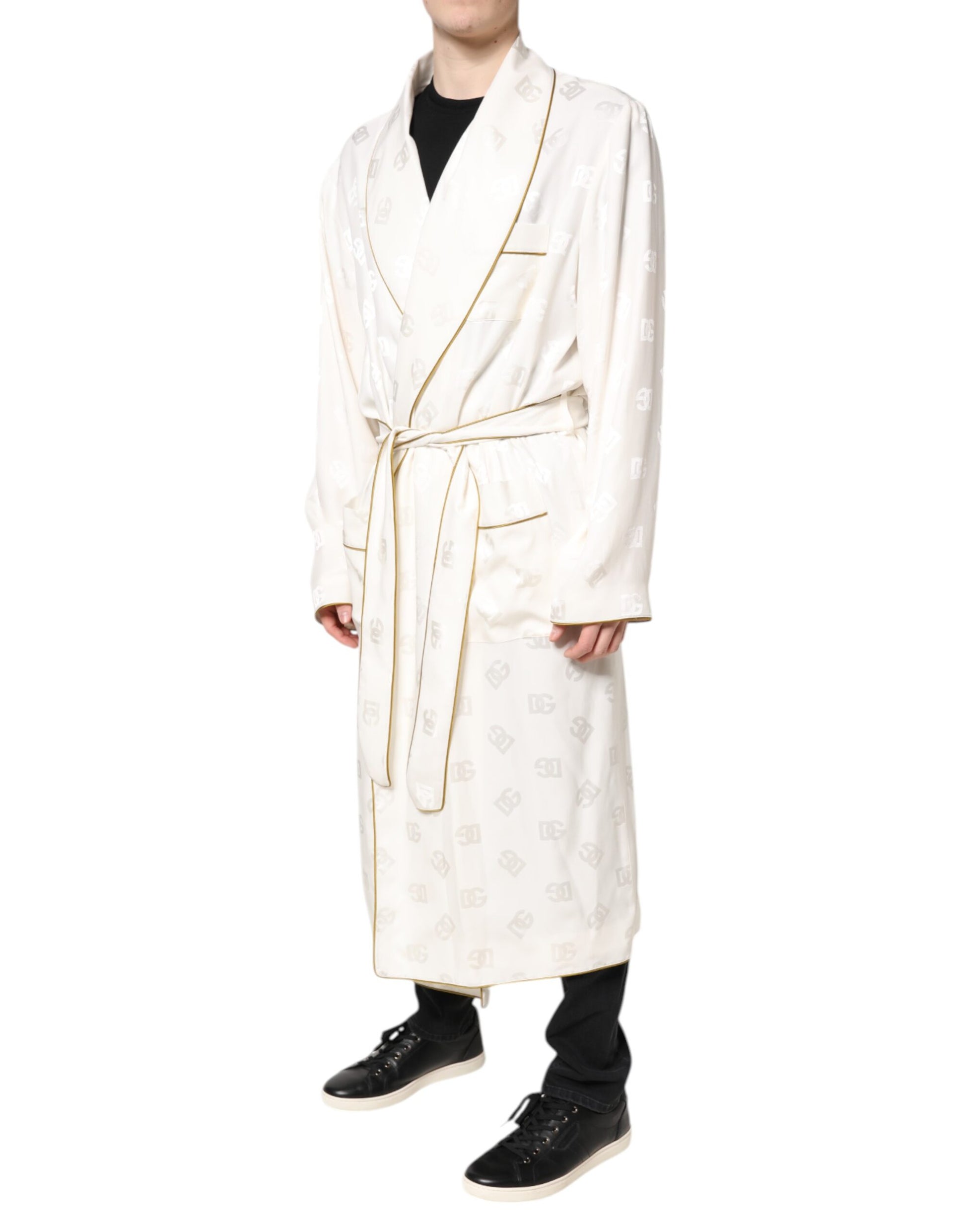Dolce & Gabbana Ivory Silk Logo Men Wrap Robe Coat Jacket
