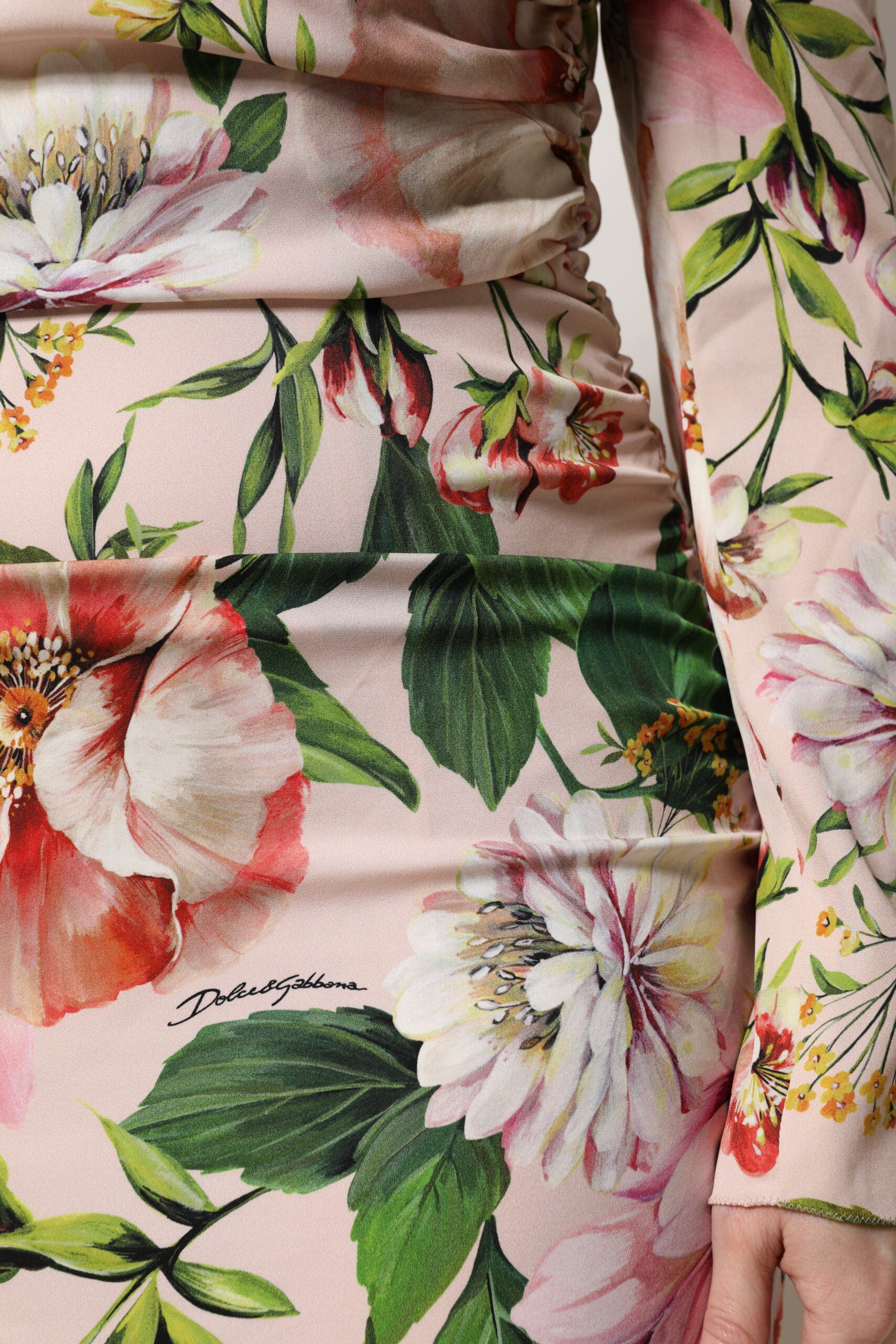 Dolce & Gabbana Pink Floral Silk Fit And Flared Midi Dress