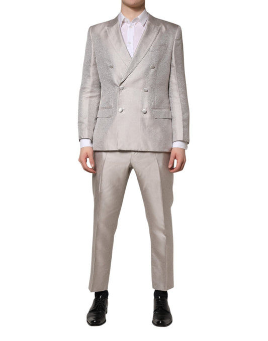Dolce & Gabbana Light Gray Jacquard Silk Dotted 2 Piece Suit