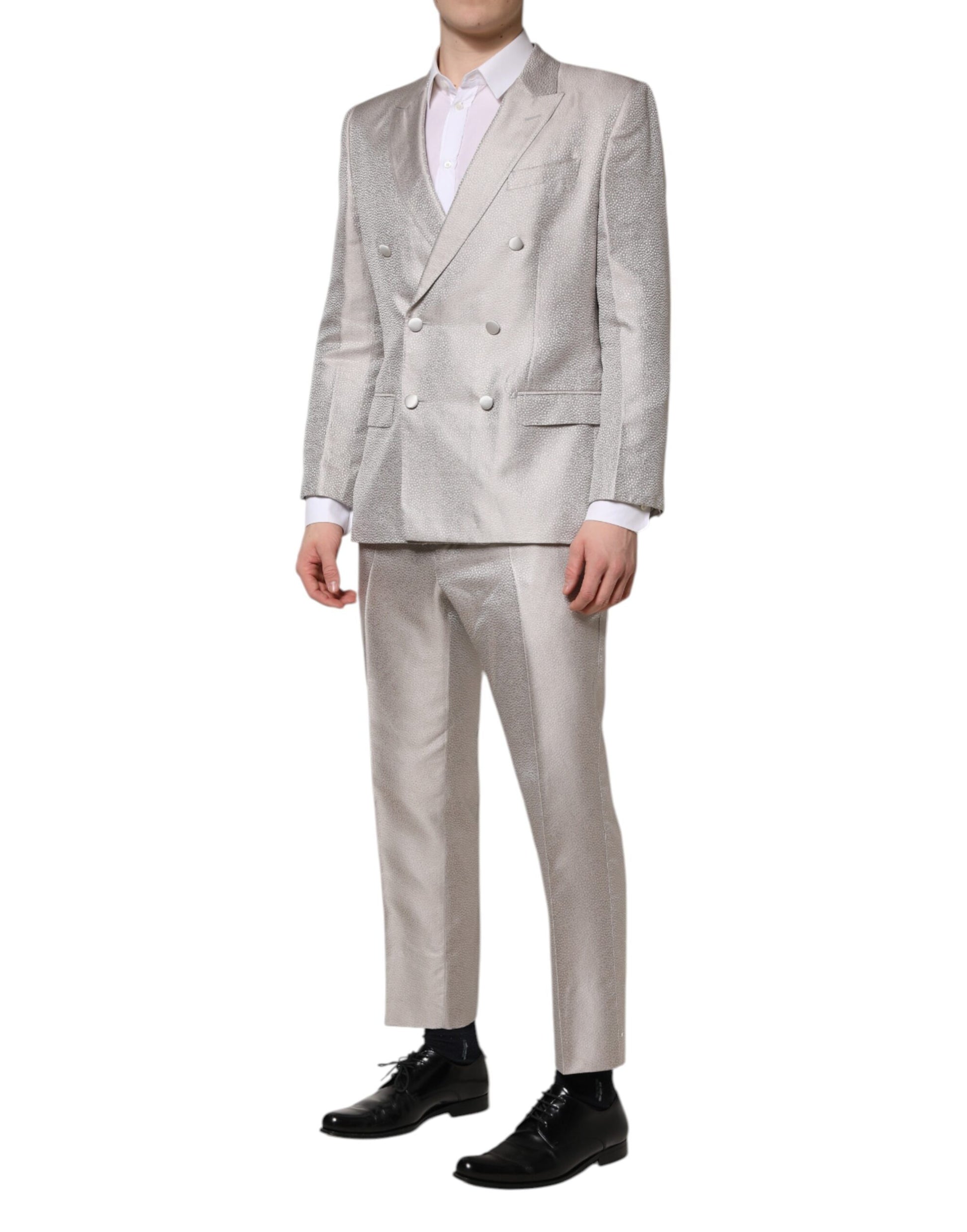 Dolce & Gabbana Light Gray Jacquard Silk Dotted 2 Piece Suit