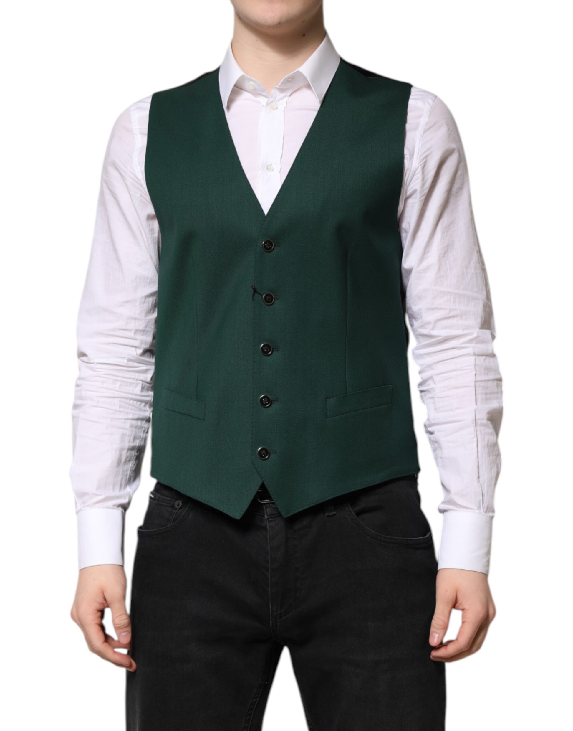 Dolce & Gabbana Green Wool Dress Formal Men Waistcoat Vest