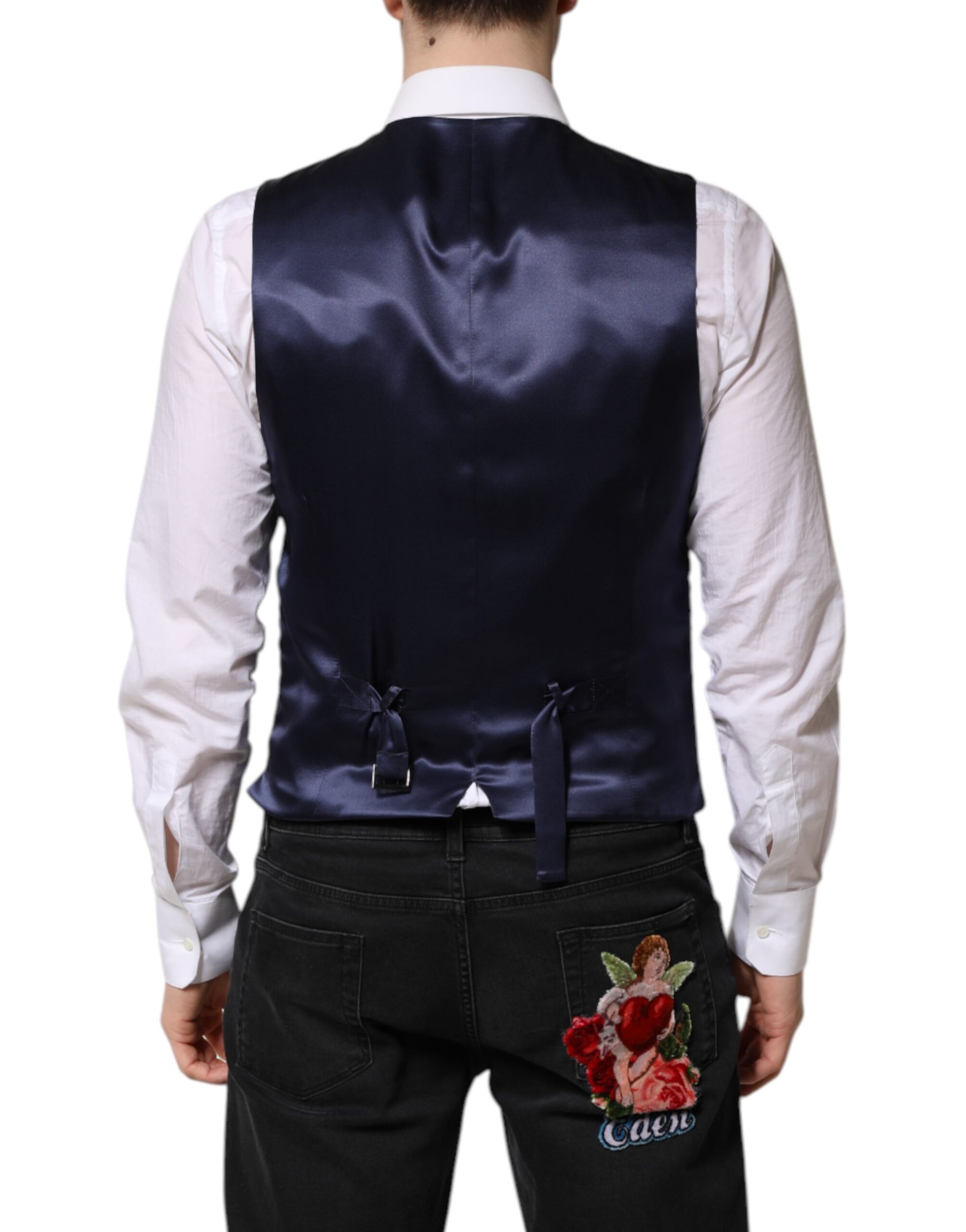 Dolce & Gabbana Dark Blue Logo Wool Formal Men Waistcoat Vest