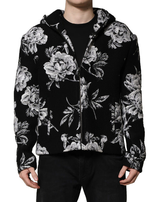 Dolce & Gabbana Black Wool Floral Printed Men Hooded Jacket