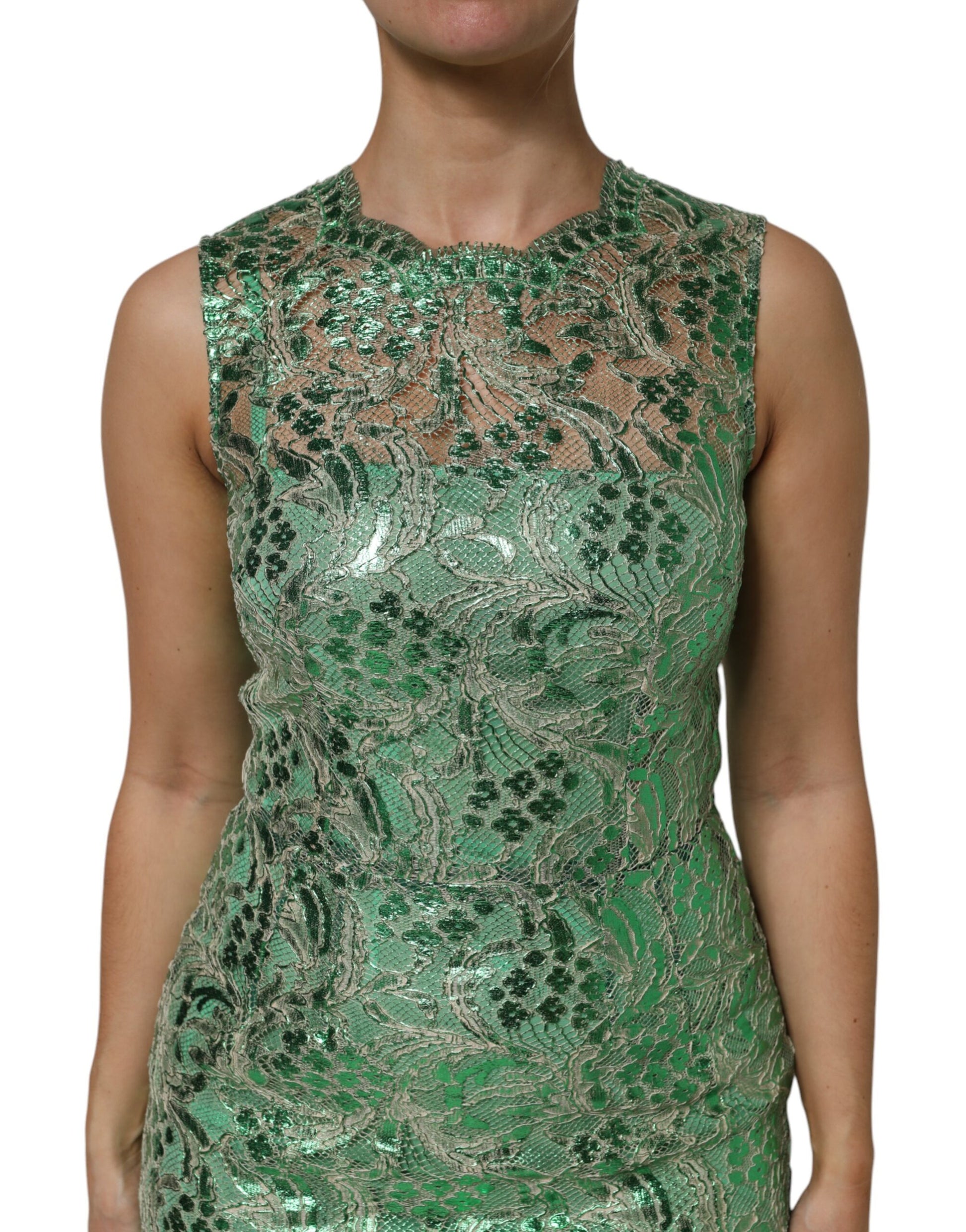 Dolce & Gabbana Green Cotton Floral Lace Sheath Midi Dress
