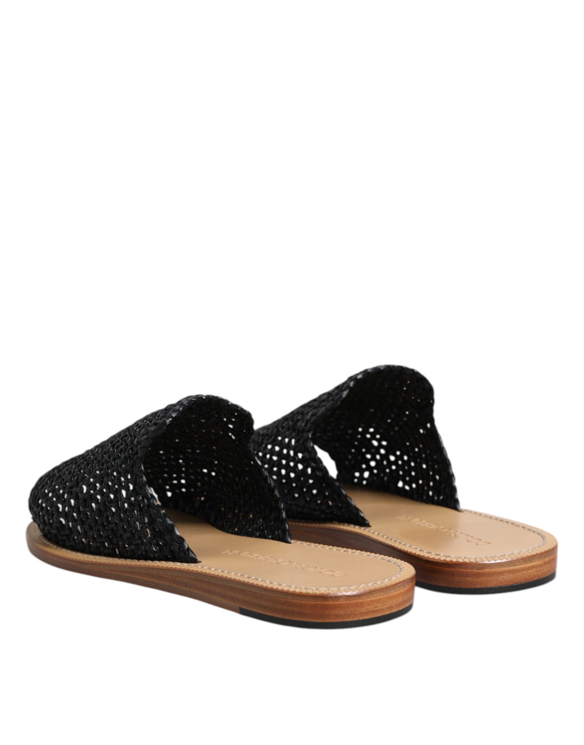 Dolce & Gabbana Black Monochrome Braided Raffia Slides Shoes
