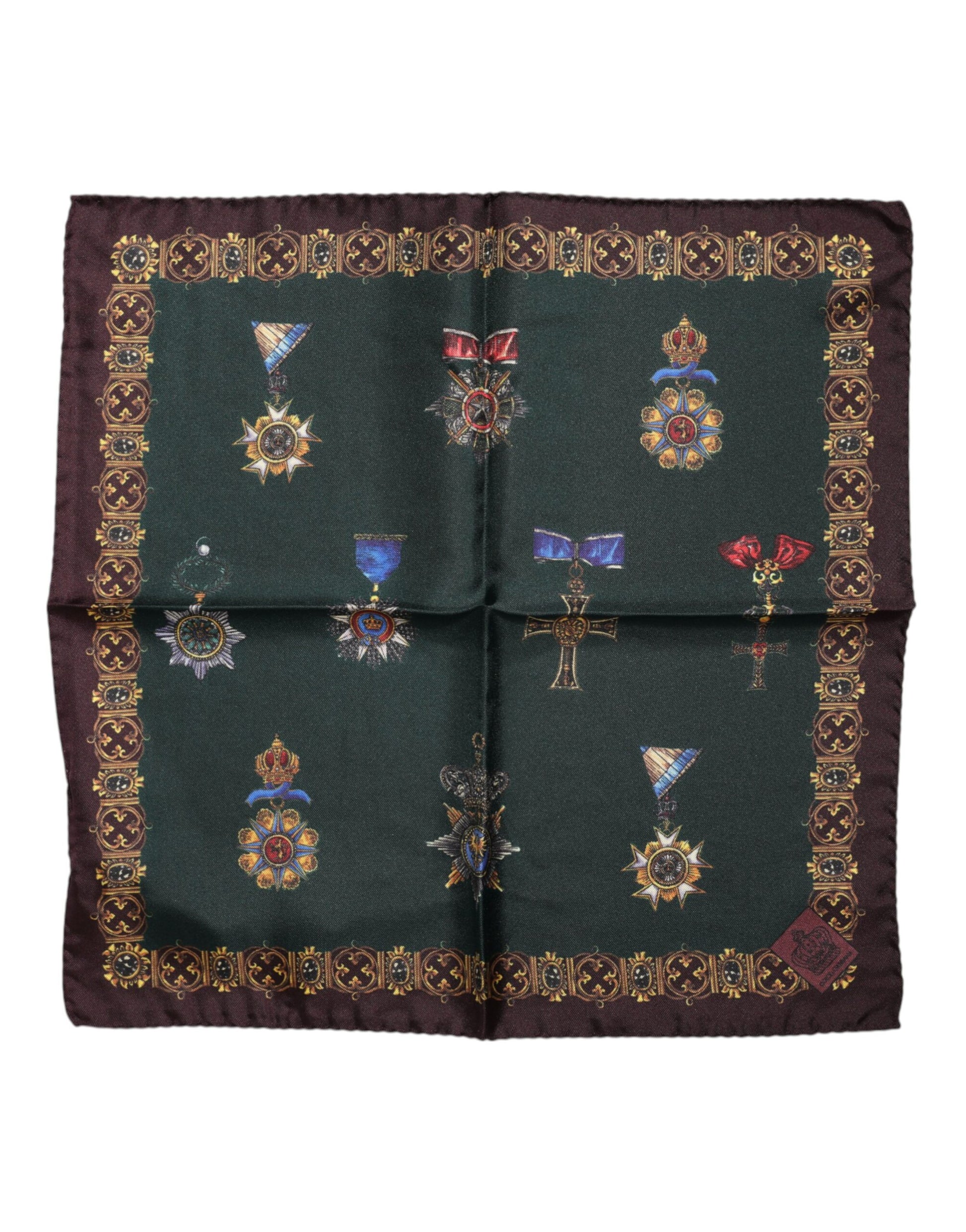 Dolce & Gabbana Green Medals Silk Square Foulard Scarf