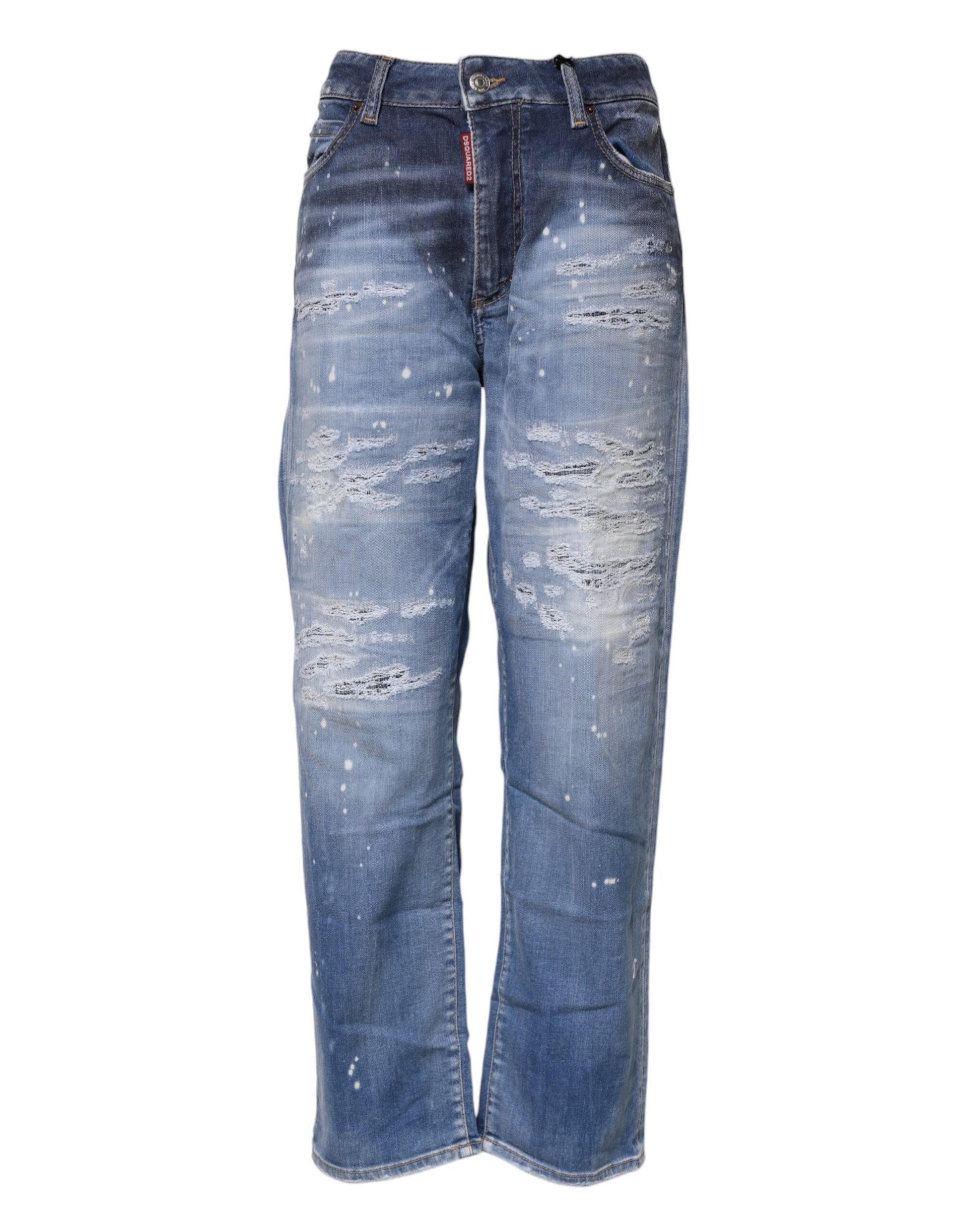 Dsquared² Blue Tattered Cotton Mid Waist Straight Denim Jeans