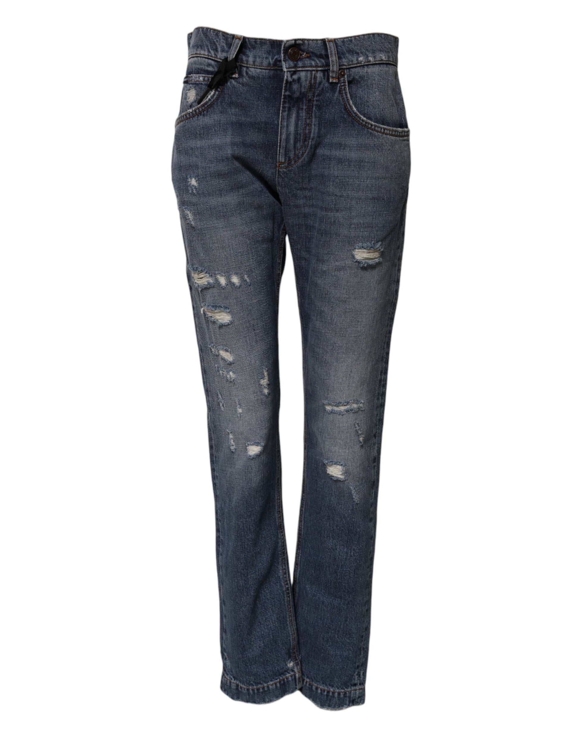 Dolce & Gabbana Blue Cotton Tattered Boyfriend Denim Jeans