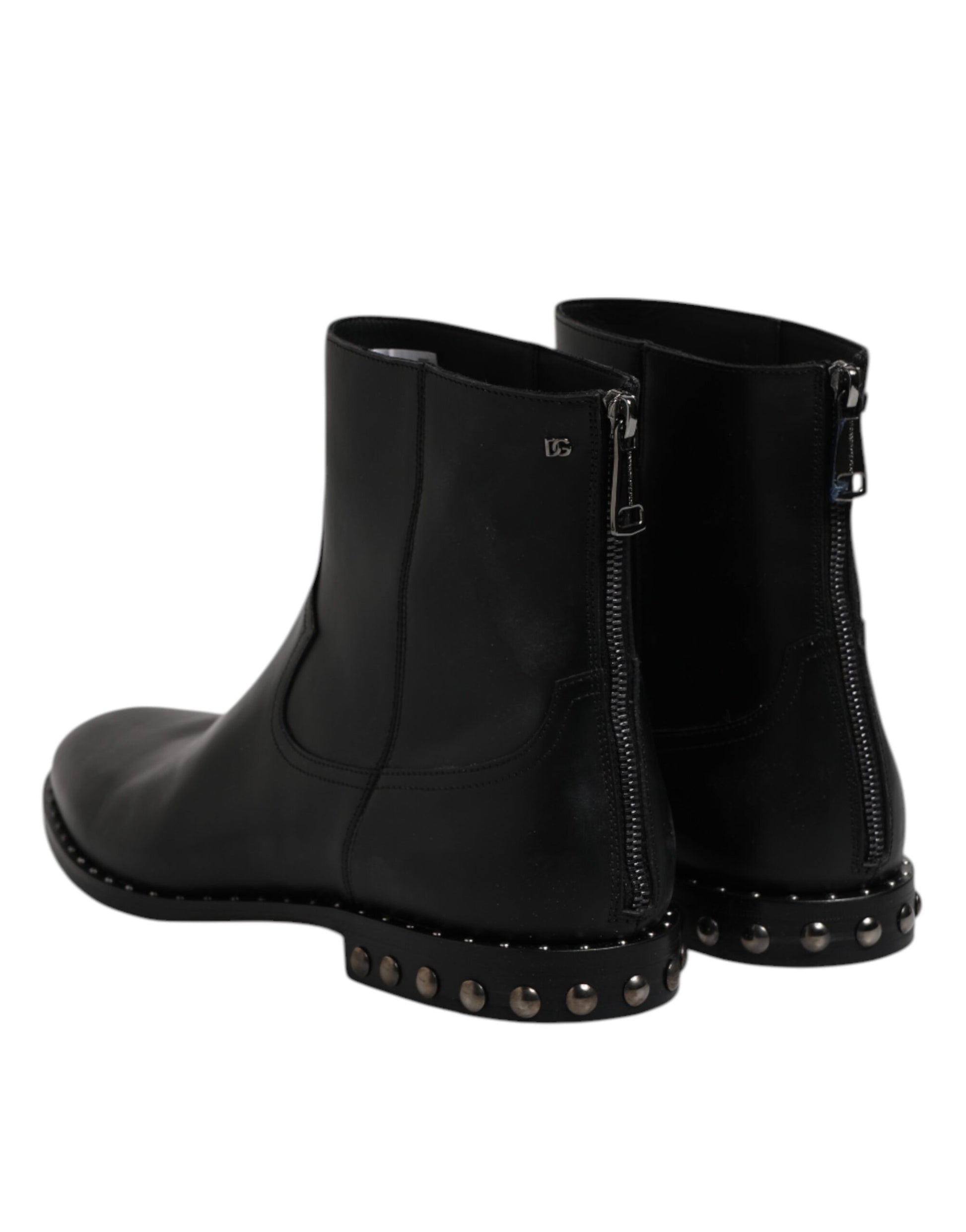 Dolce & Gabbana Black Leather Logo Ankle Boots Studded Shoes