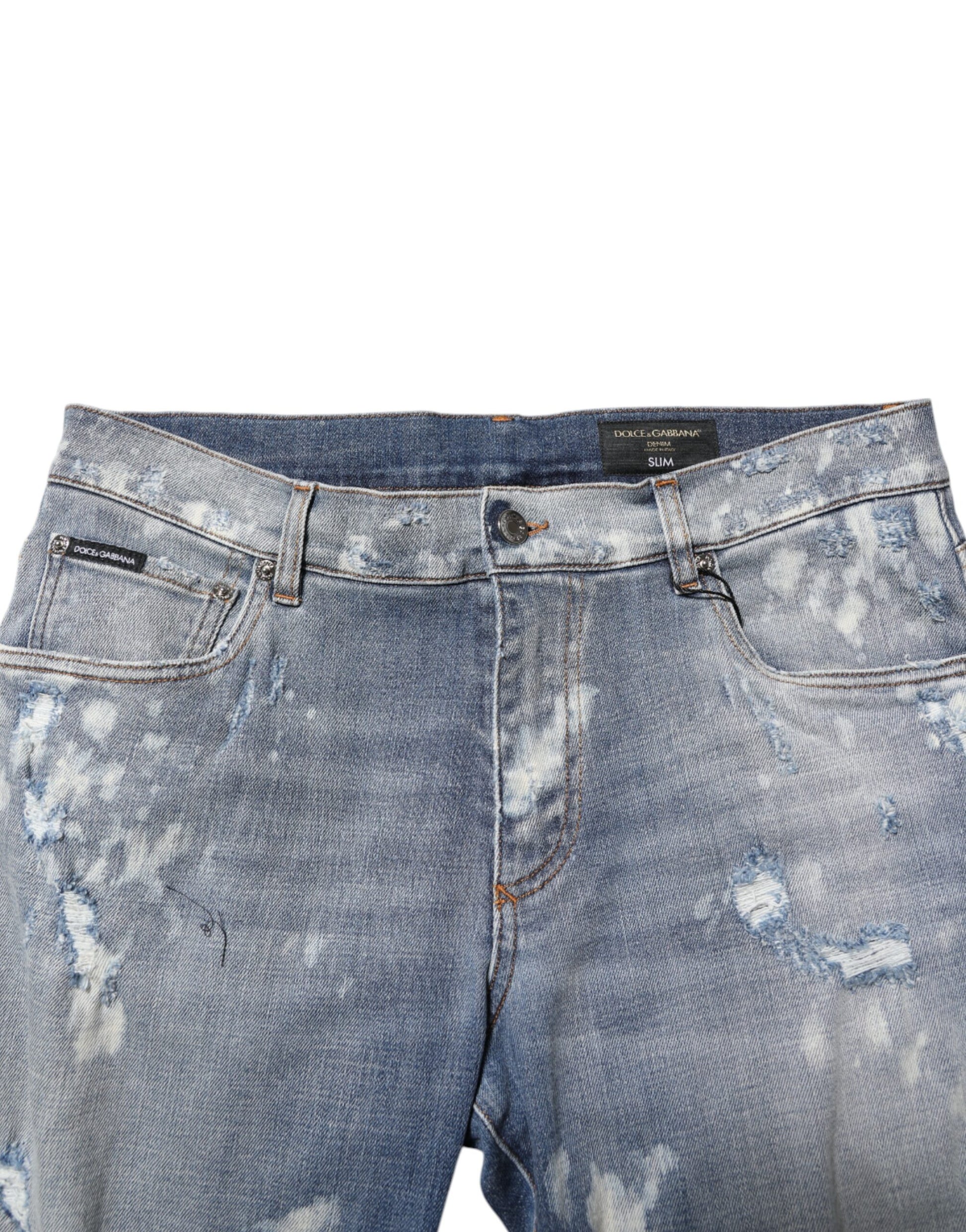 Dolce & Gabbana Blue Cotton Tattered Slim Fit Men Denim Jeans