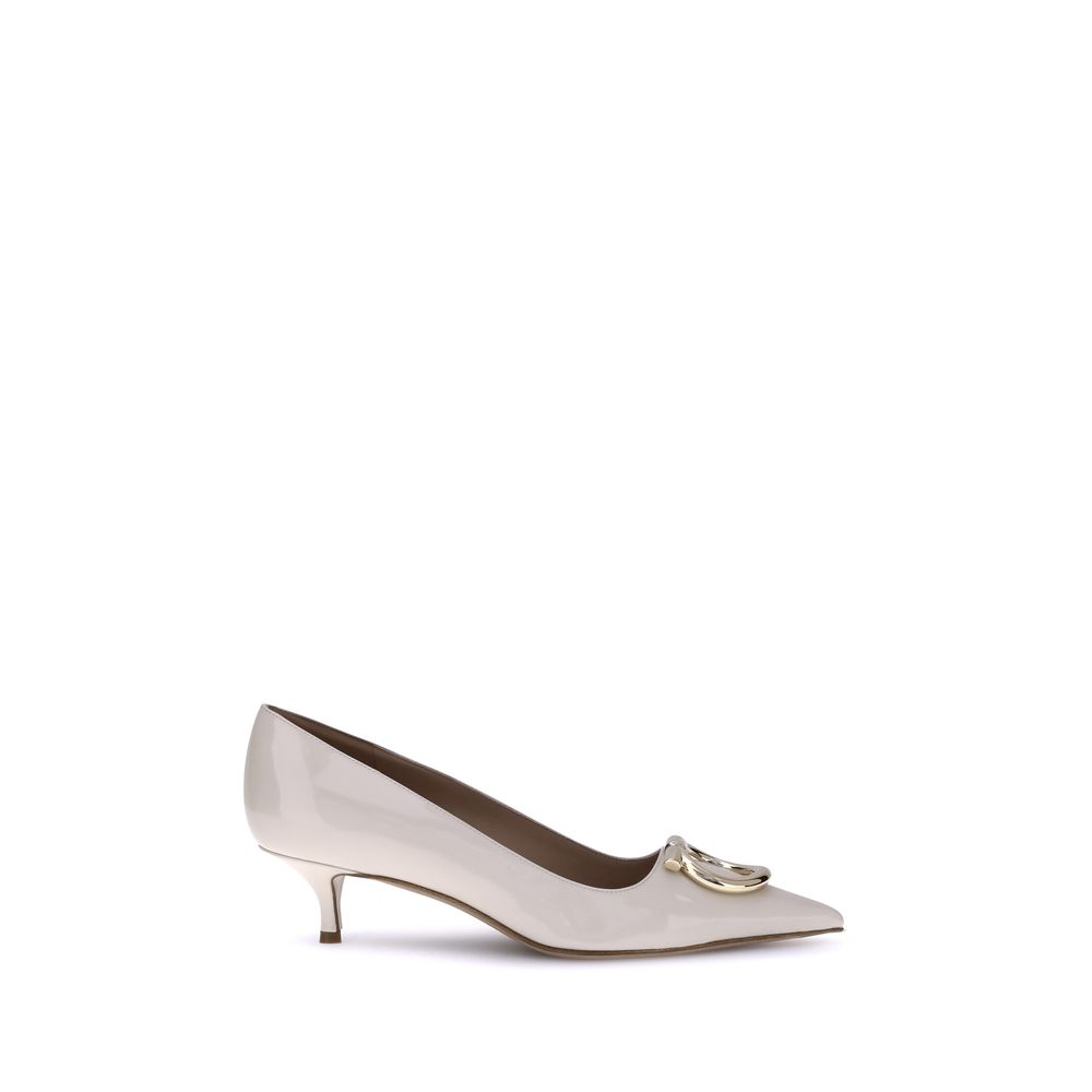 Ferragamo Cream Calf Leather Bos Taurus Mid Heel Pumps