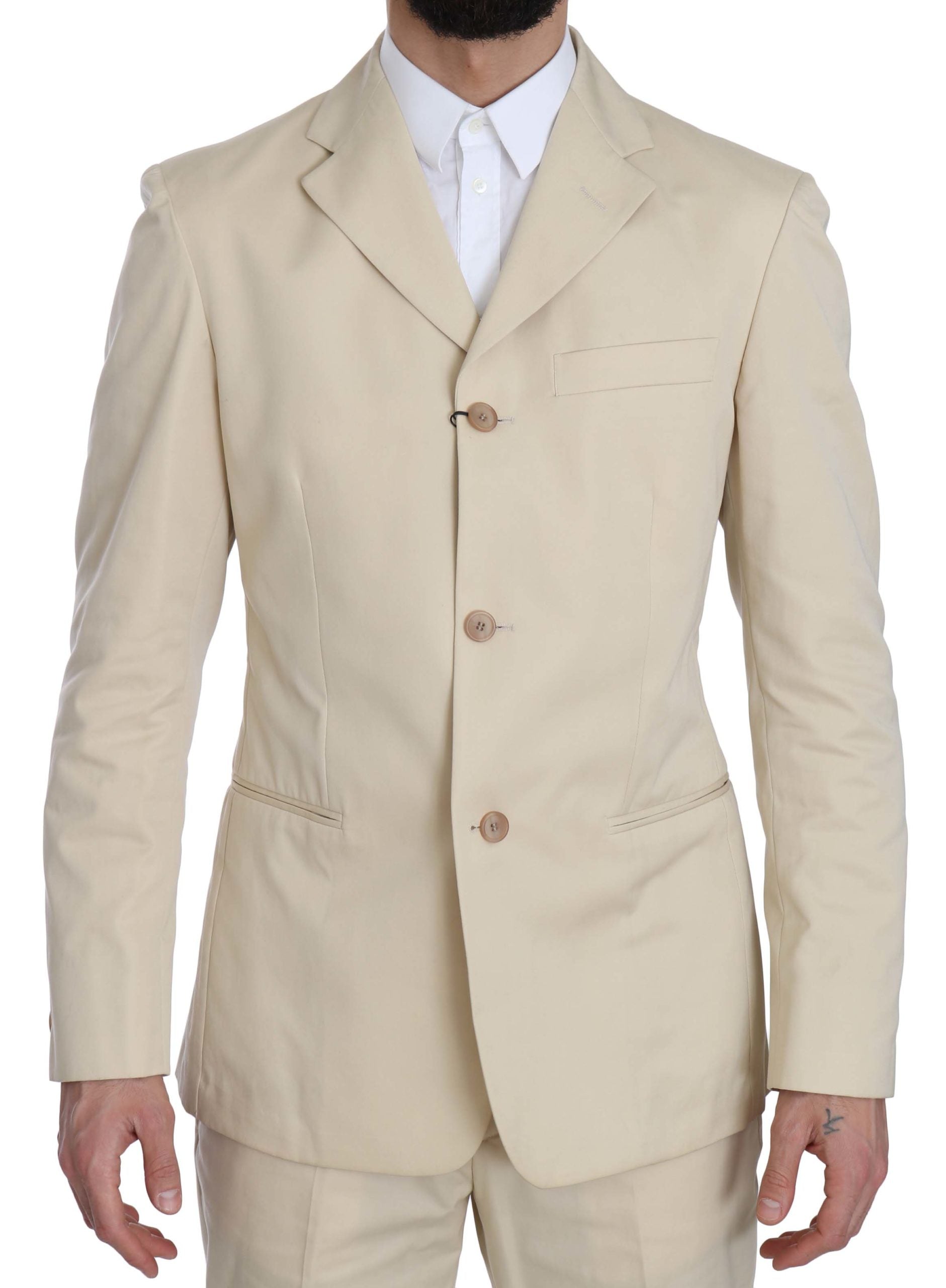 Romeo Gigli Two Piece 3 Button Beige Cotton Solid Suit