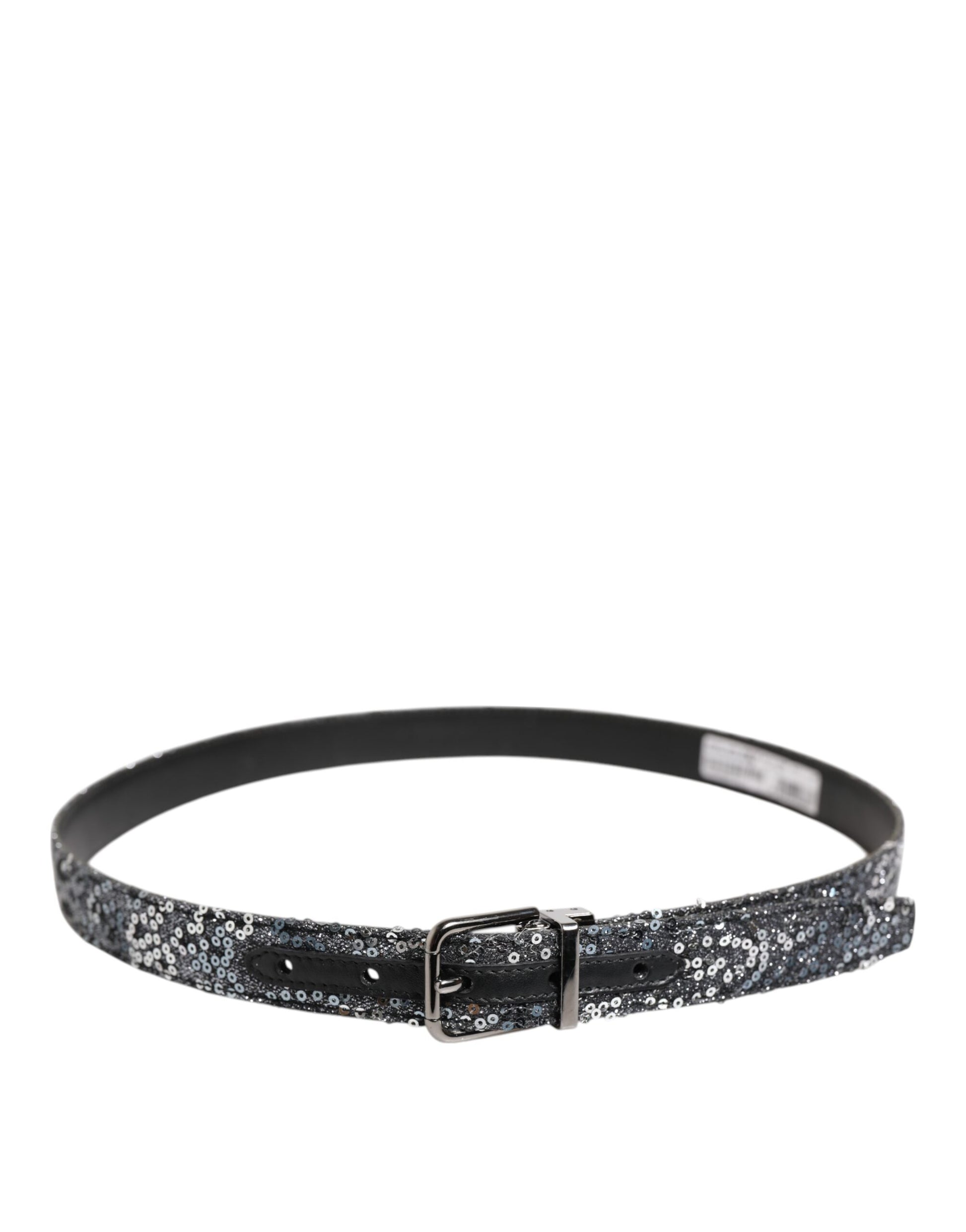 Dolce & Gabbana Black Sequins Silver Metal Logo Buckle Belt