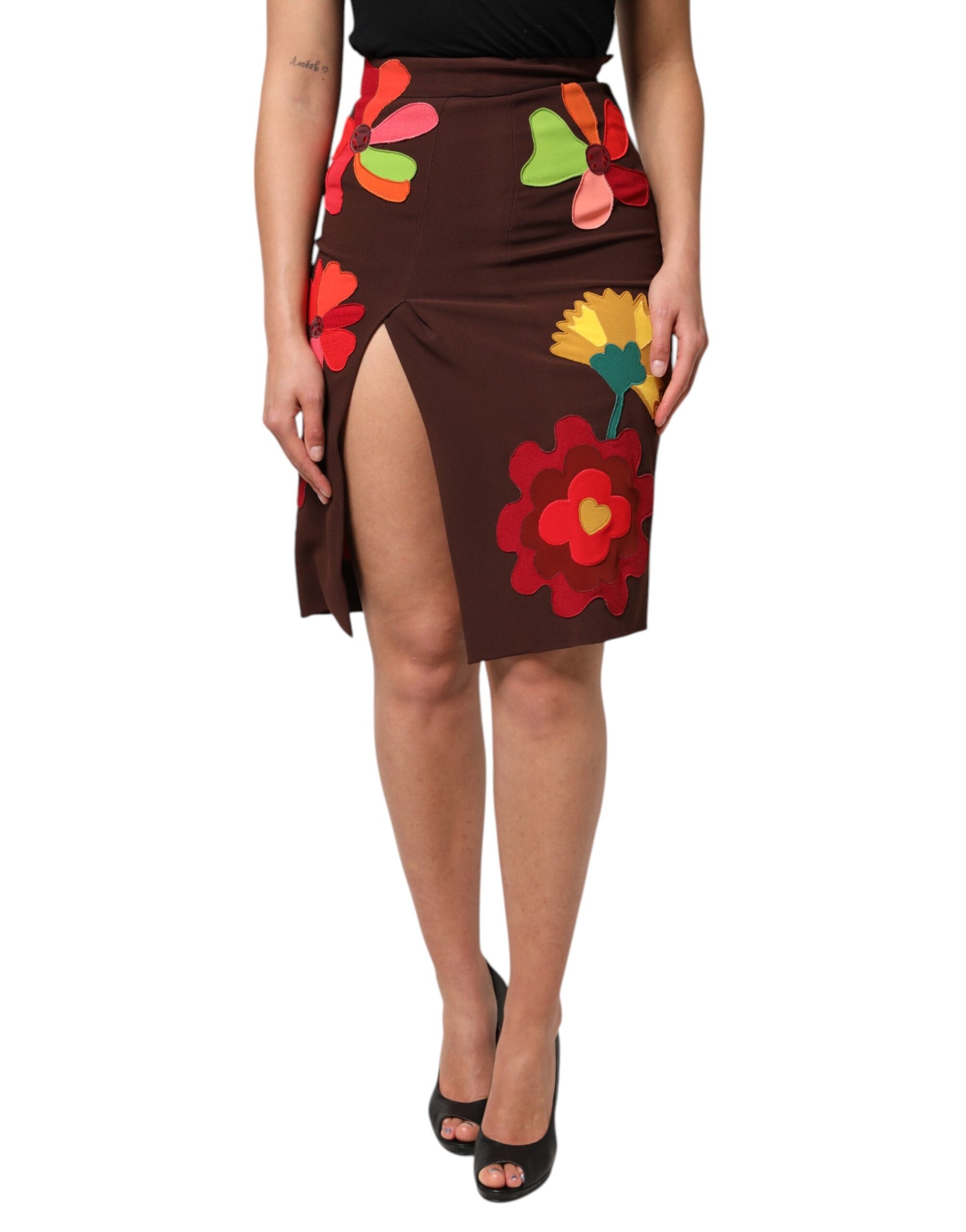 Dolce & Gabbana Brown Floral High Waist Side Slit Skirt