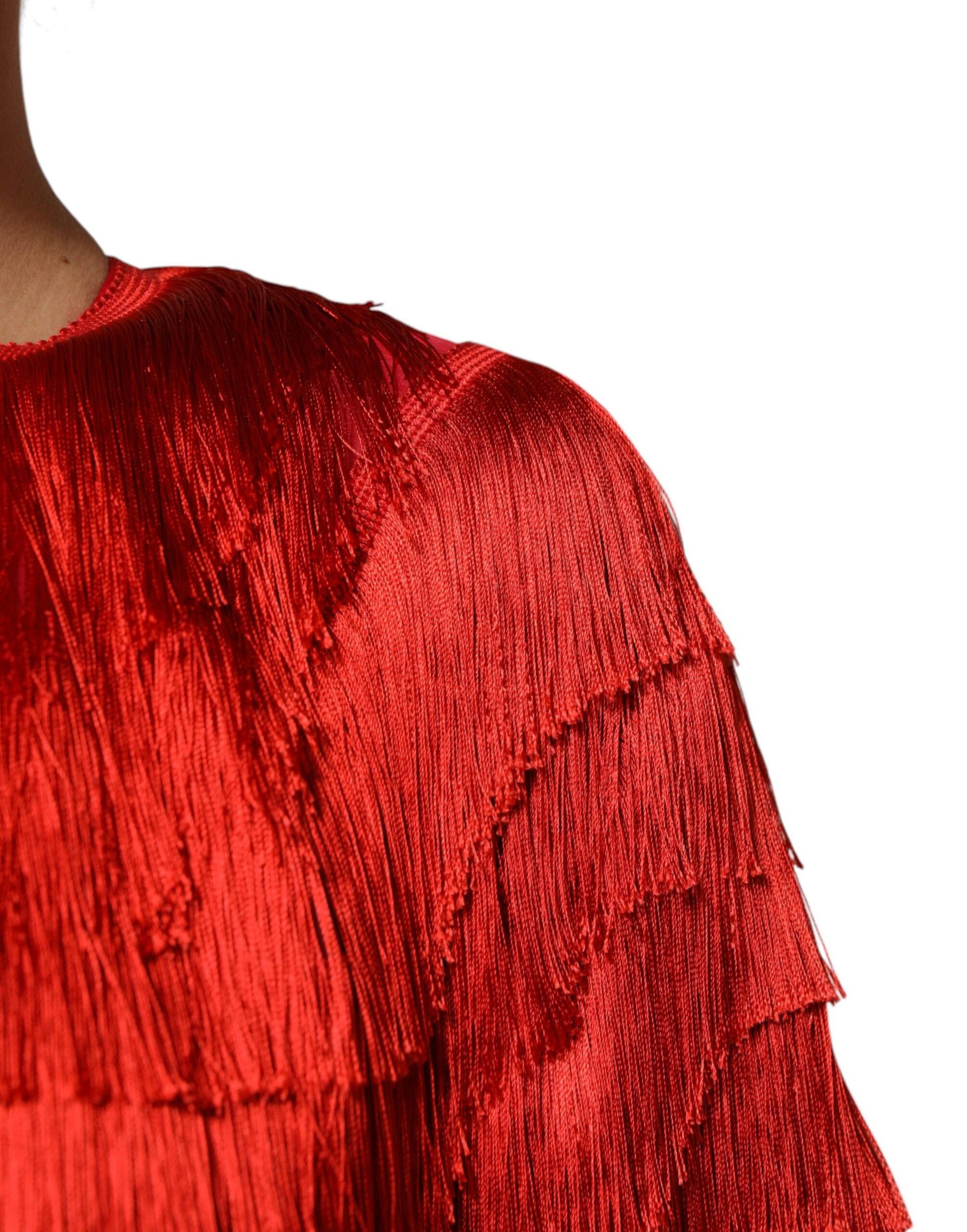 Dolce & Gabbana Red Silk Tiers Fringe Shift Knee Length Dress