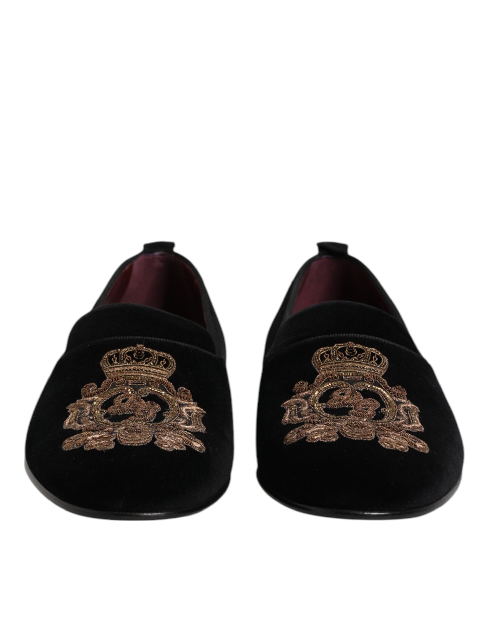 Dolce & Gabbana Black Velvet Gold Crown Mens Loafers Shoes