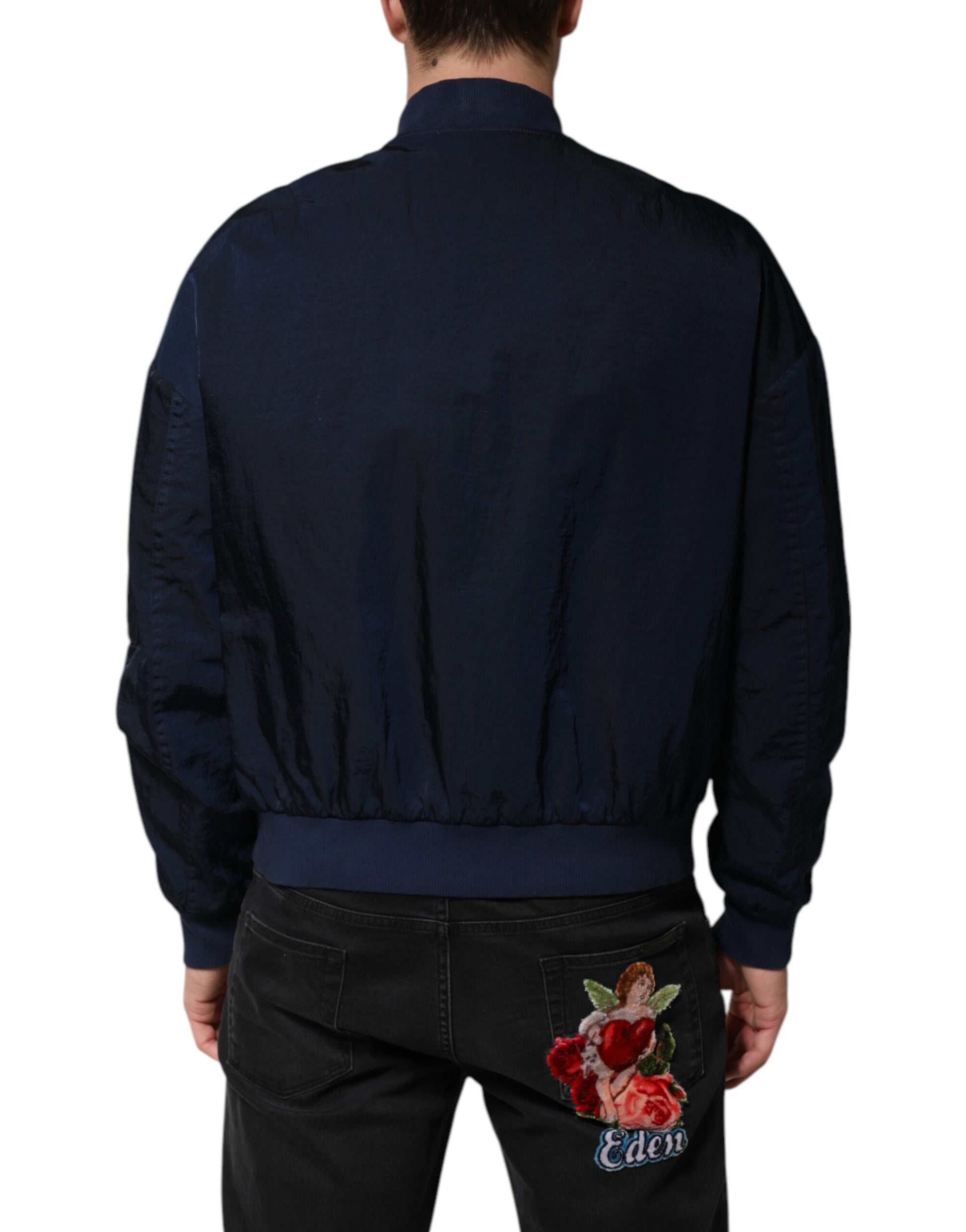 Dolce & Gabbana Blue Nylon DG Embroidery Men Bomber Jacket