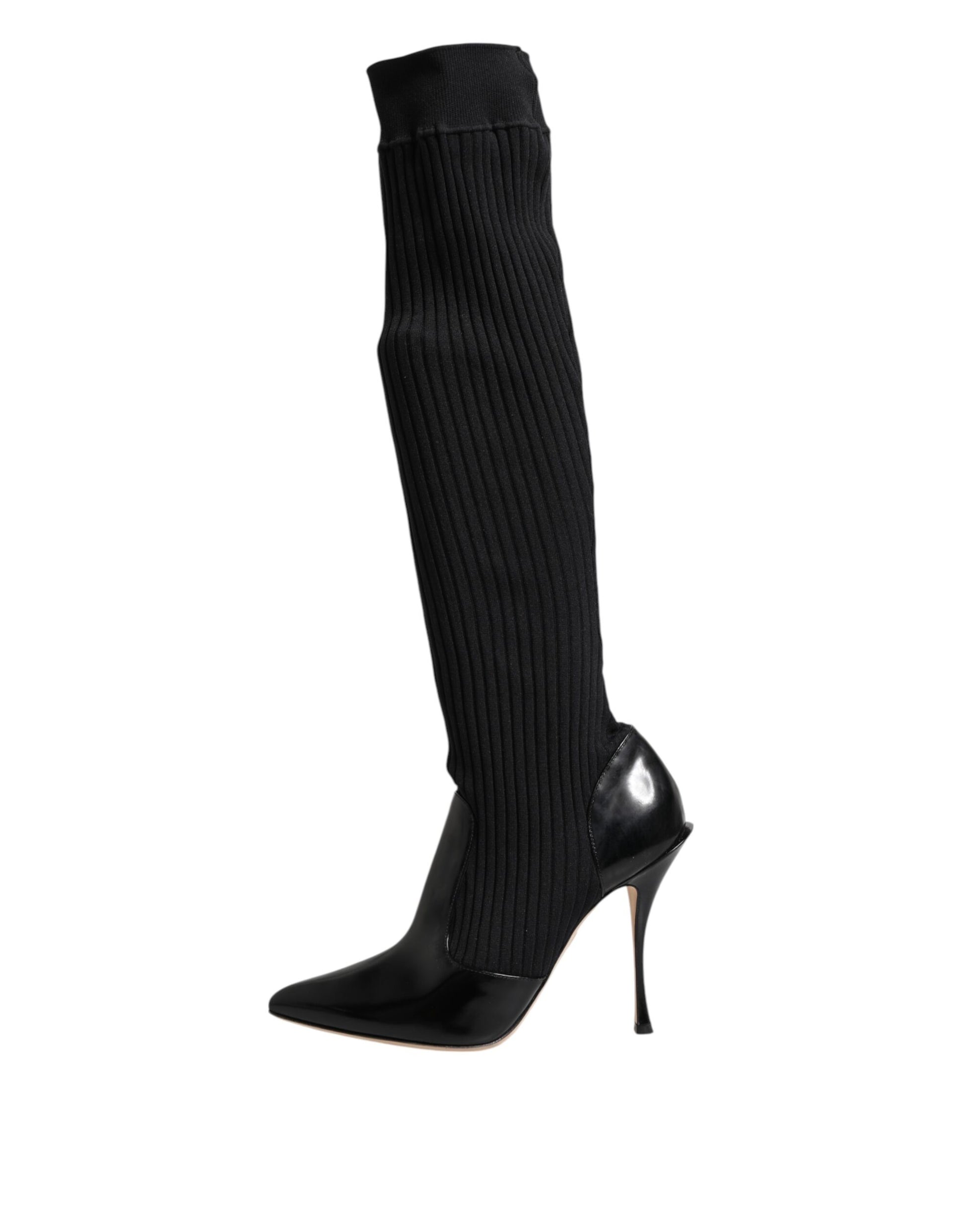 Dolce & Gabbana Black Leather Ribbed Knit Knee Boots Shoes