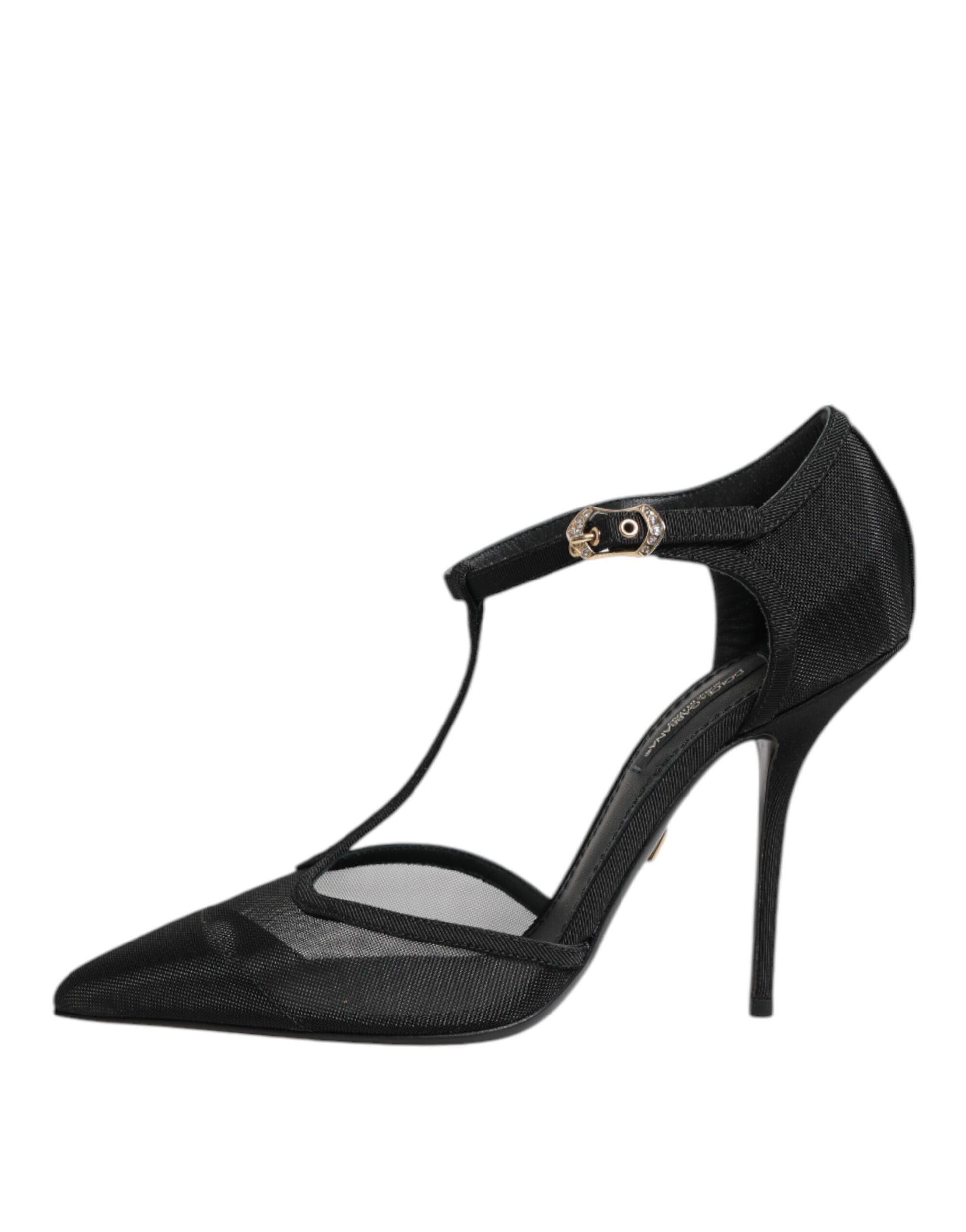 Dolce & Gabbana Black Mesh T-strap Stiletto High Heels Shoes