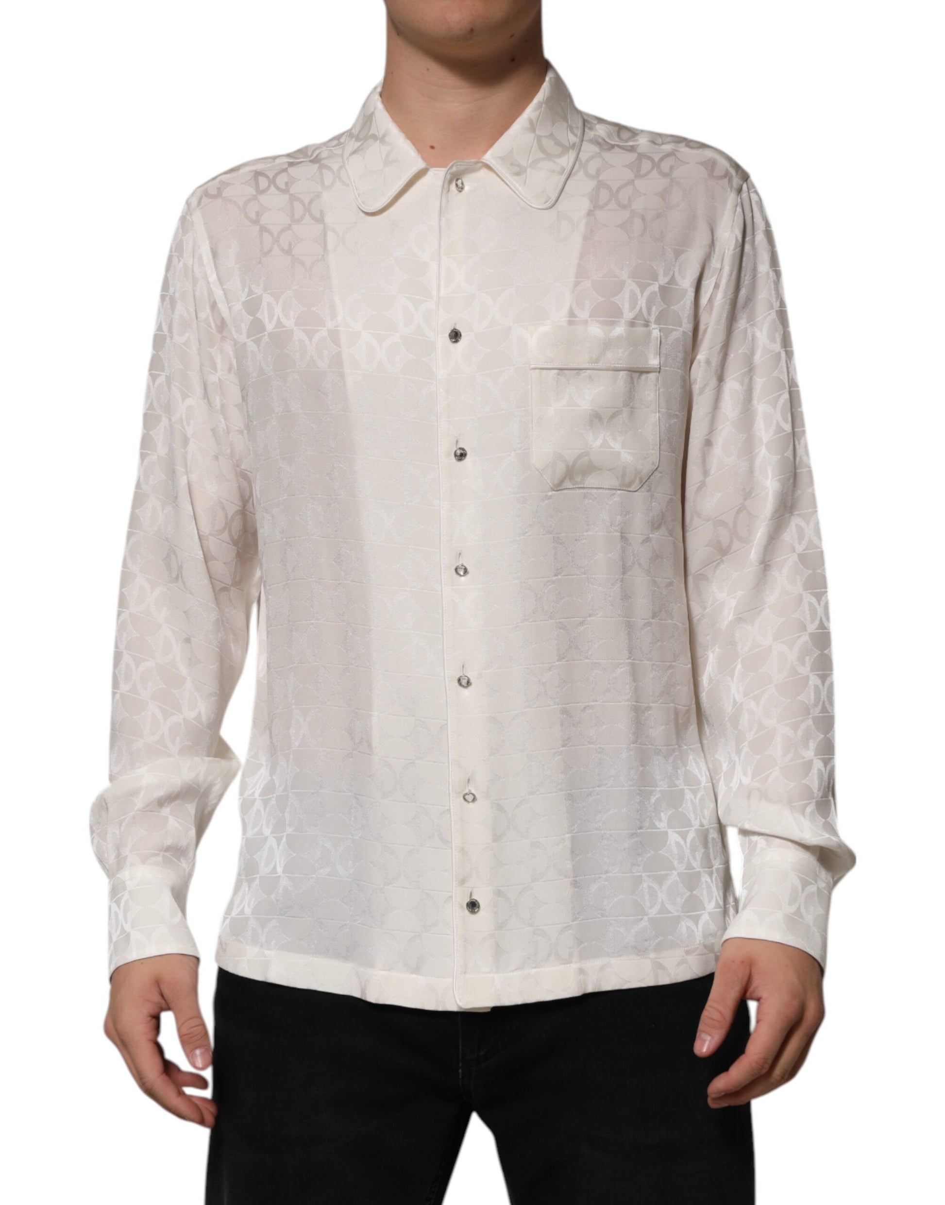 Dolce & Gabbana White Silk DG Logo Print Long Sleeves Shirt