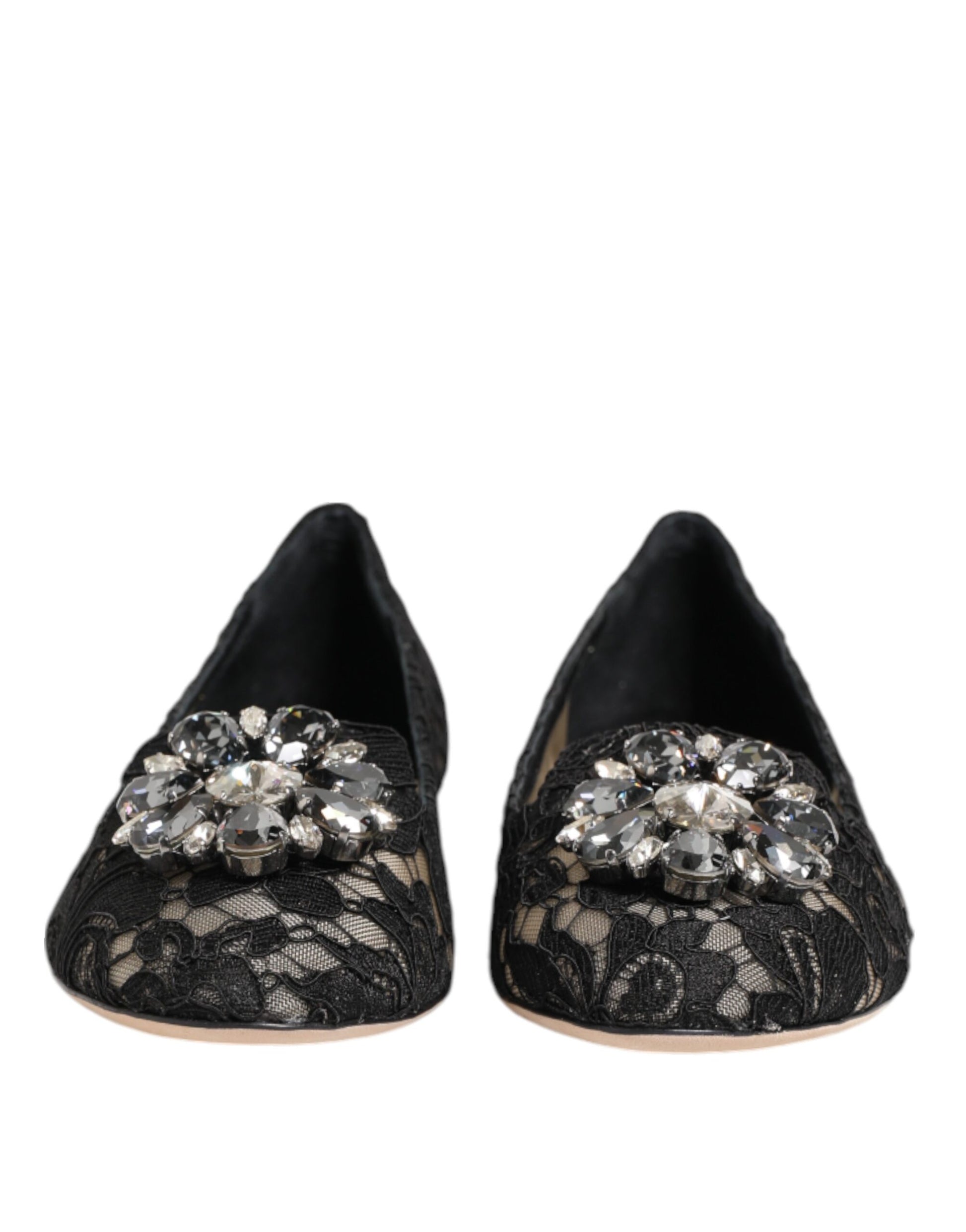 Dolce & Gabbana Black Taormina Lace Crystals Flats Shoes