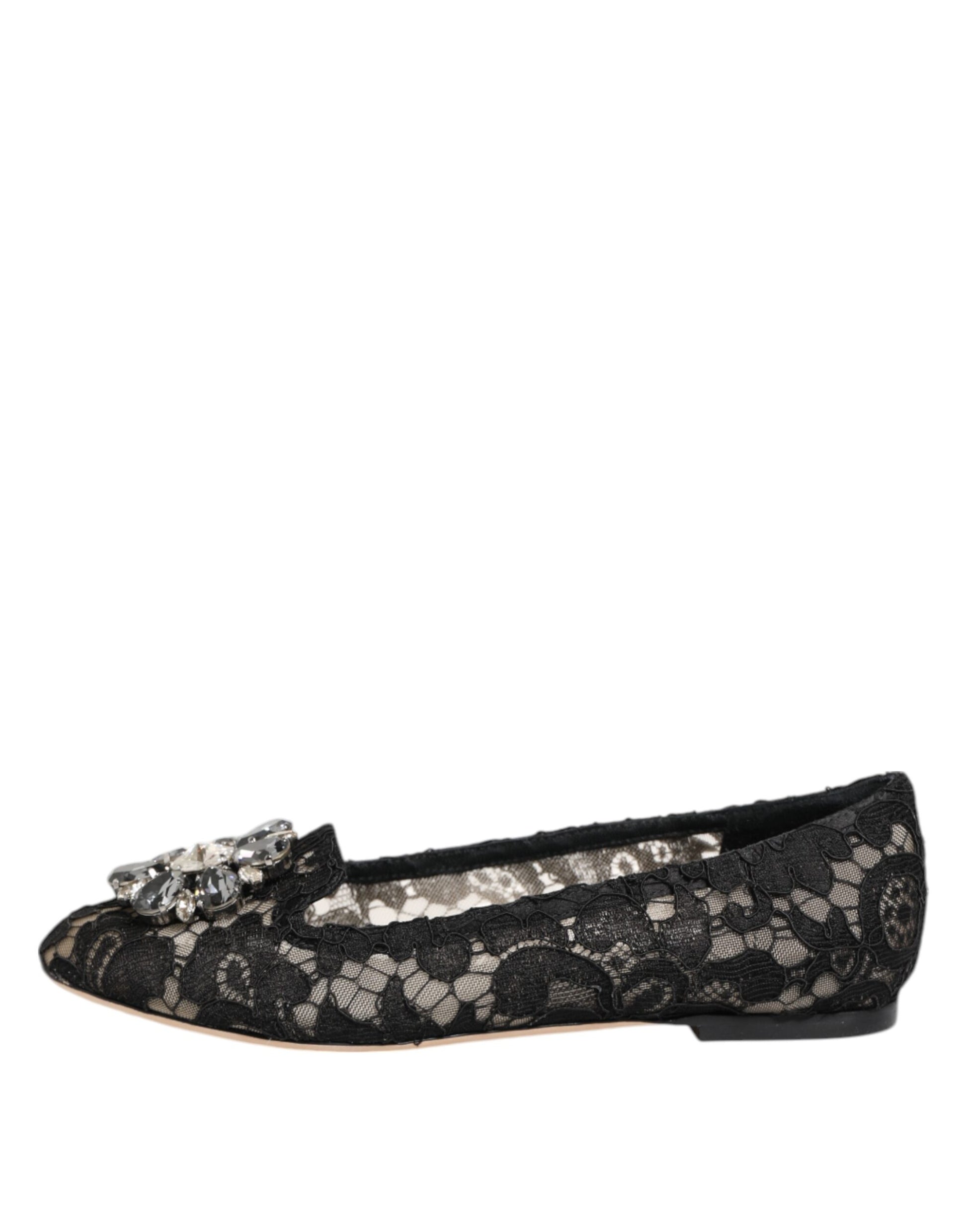 Dolce & Gabbana Black Taormina Lace Crystals Flats Shoes