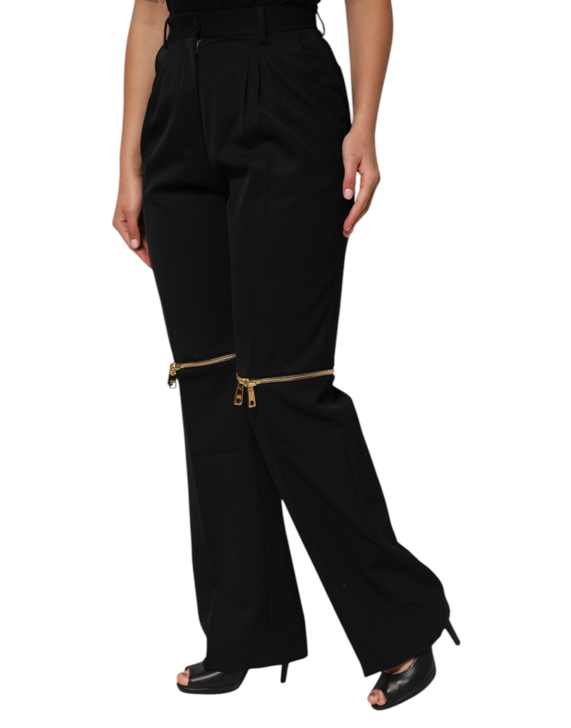 Dolce & Gabbana Black Zip Detailed Wool Straight Leg Pants