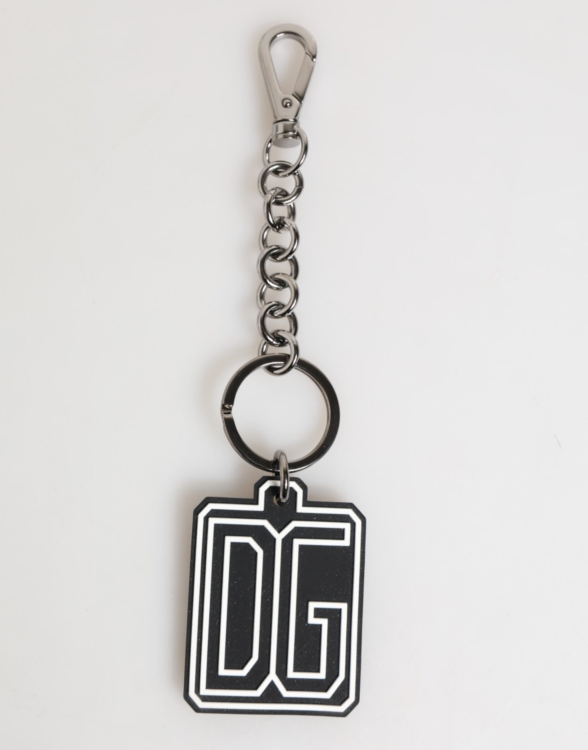 Dolce & Gabbana Black White DG Rubber Logo Silver Men Keychain Keyring