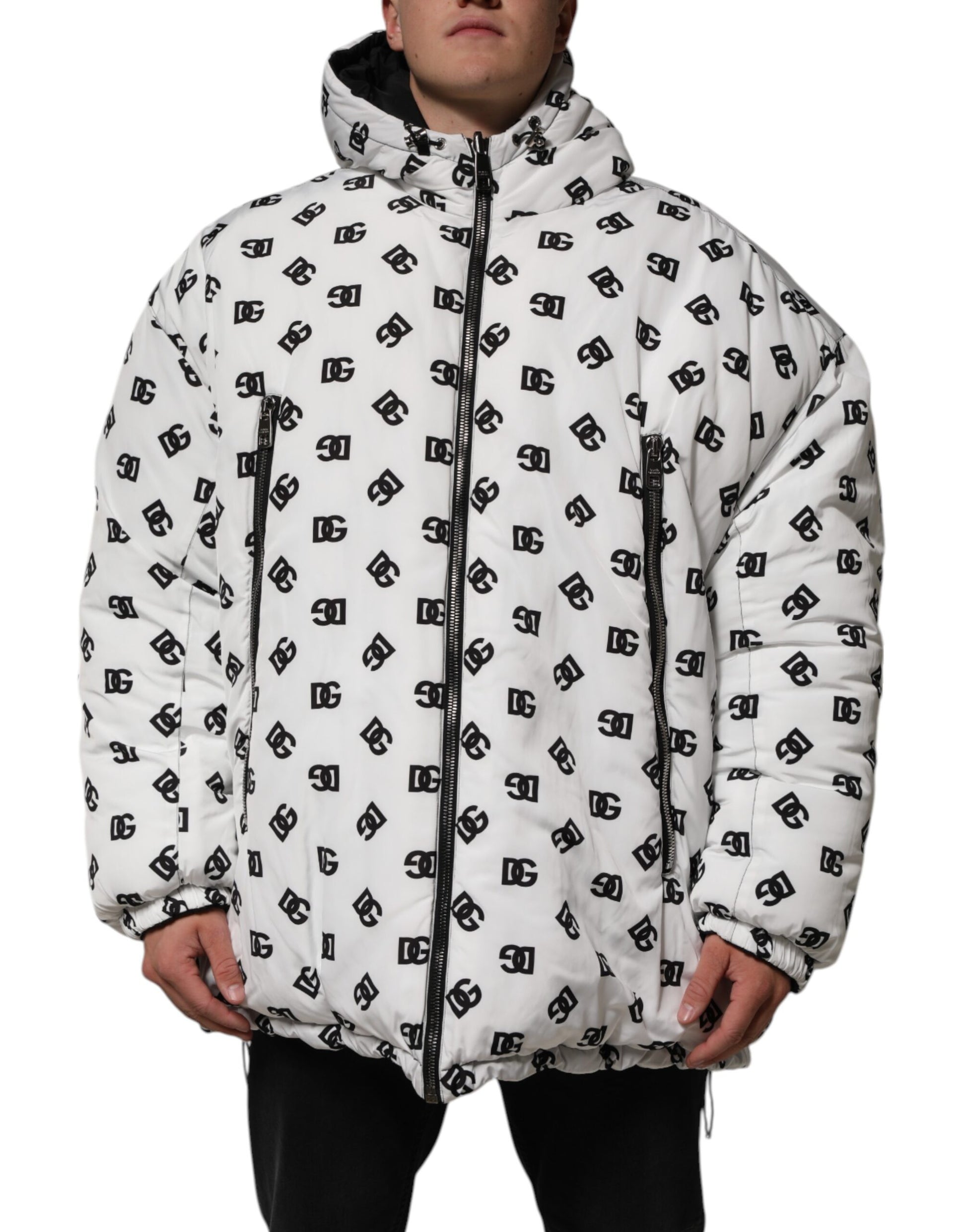 Dolce & Gabbana White DG Monogram Hooded Puffer Jacket