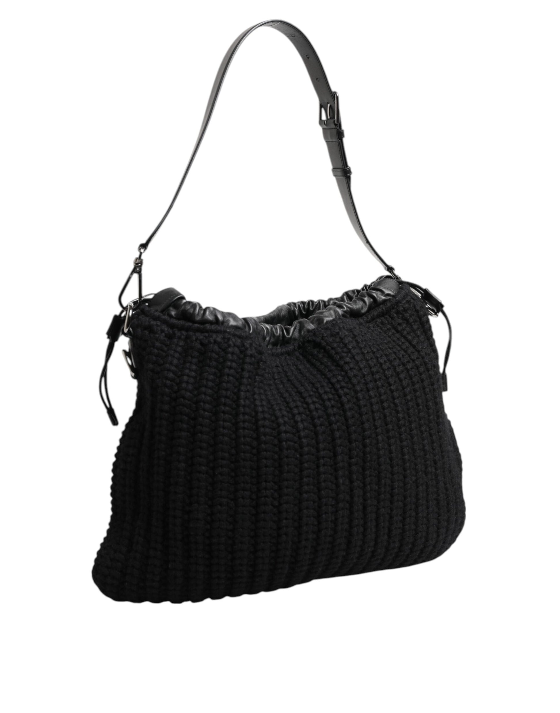 Dolce & Gabbana Black Cashmere Knitted Leather Shoulder Women Borse Bag