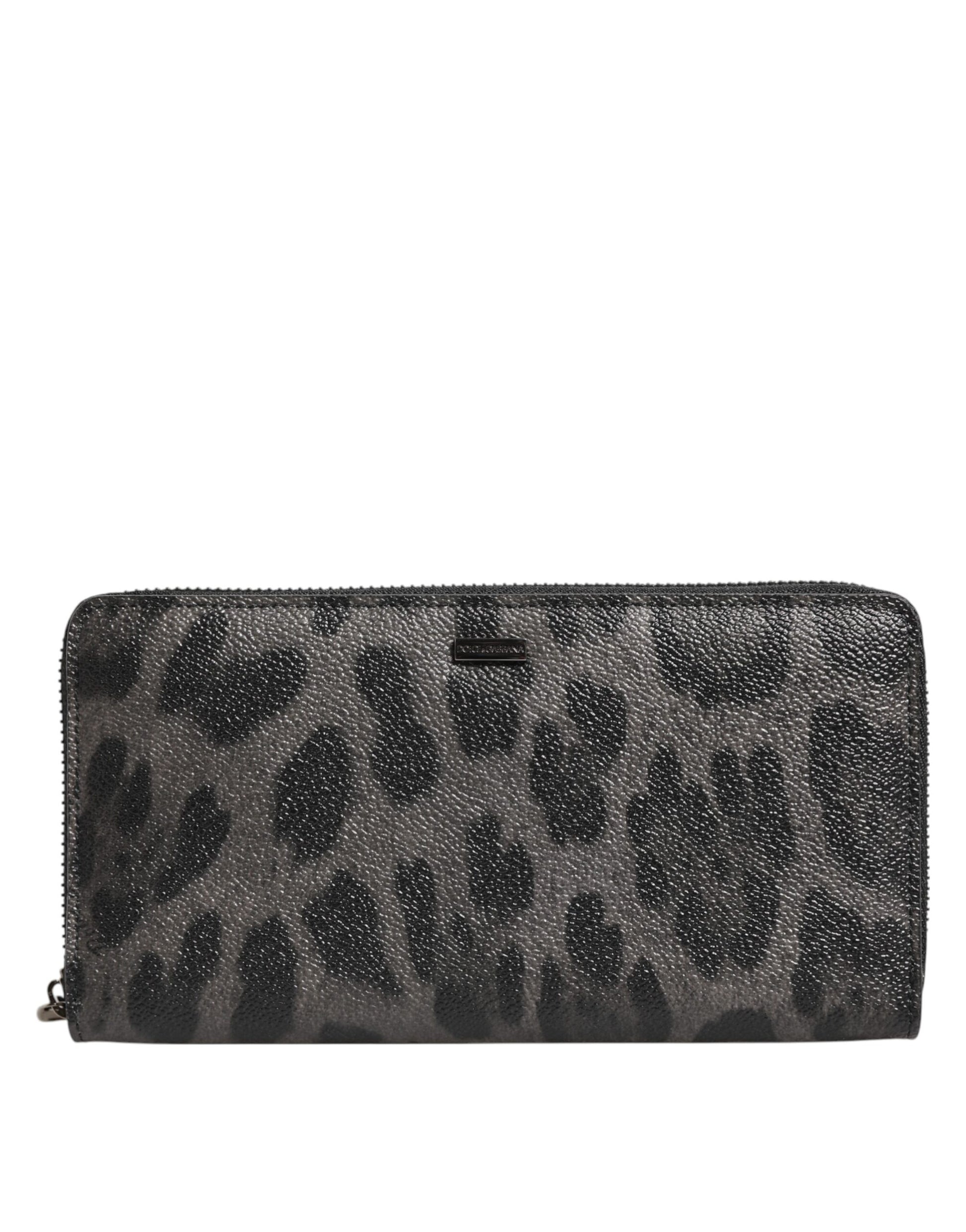 Dolce & Gabbana Black Gray Leopard Leather Zip Around Continental Wallet
