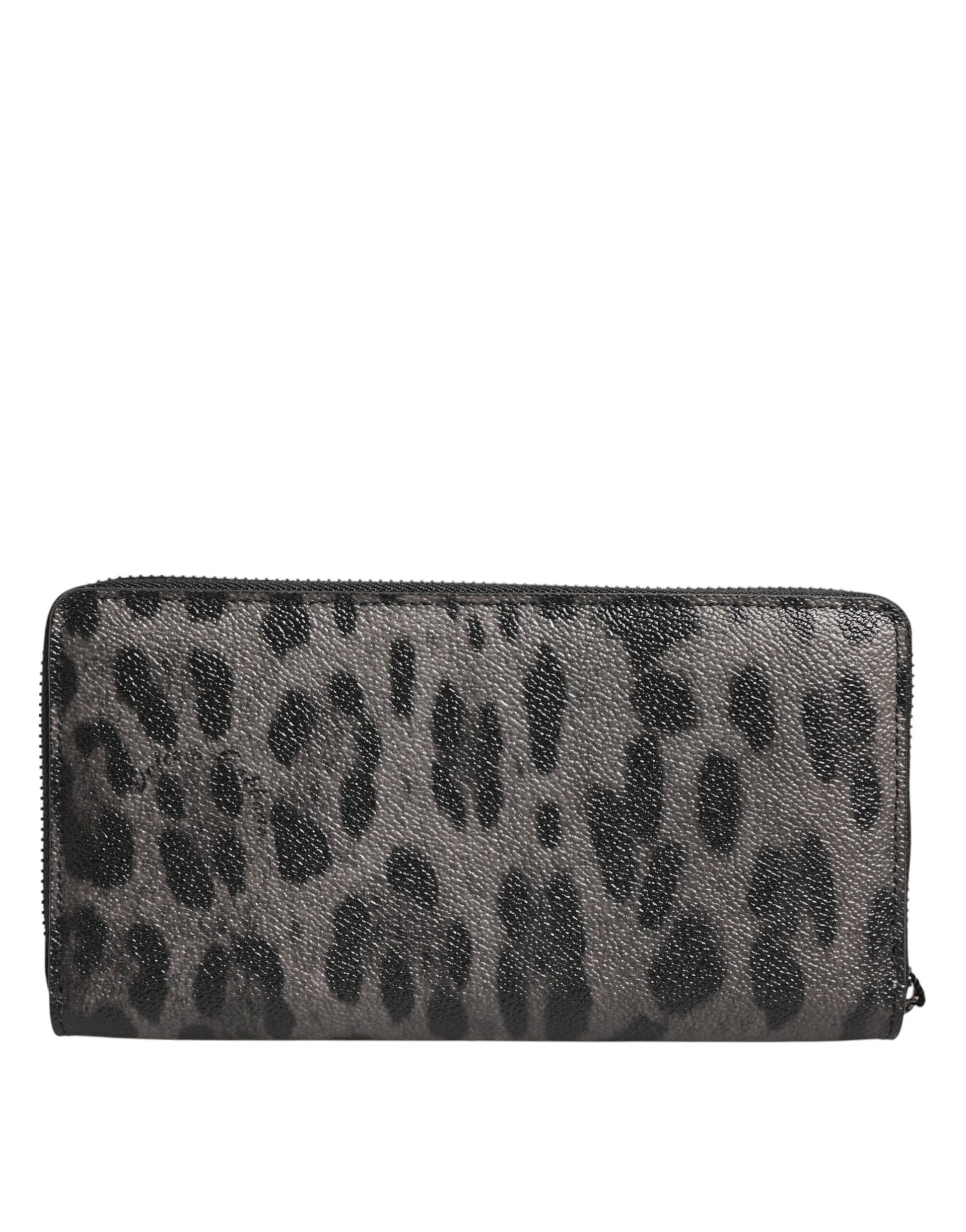 Dolce & Gabbana Black Gray Leopard Leather Zip Around Continental Wallet