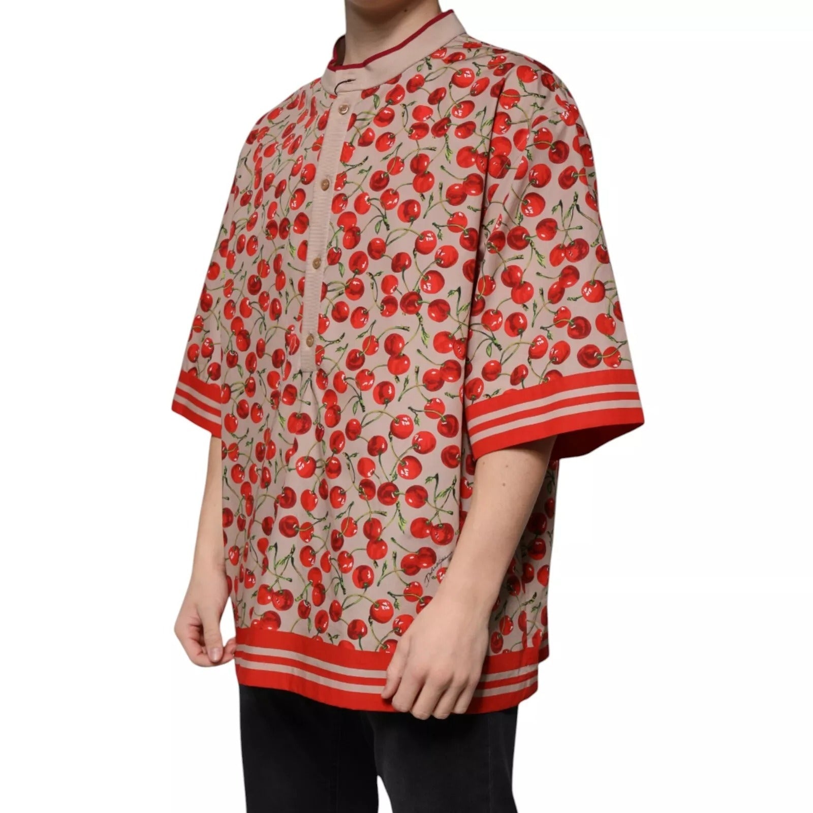 Dolce & Gabbana Beige Cherry Nylon Buttoned Casual Shirt