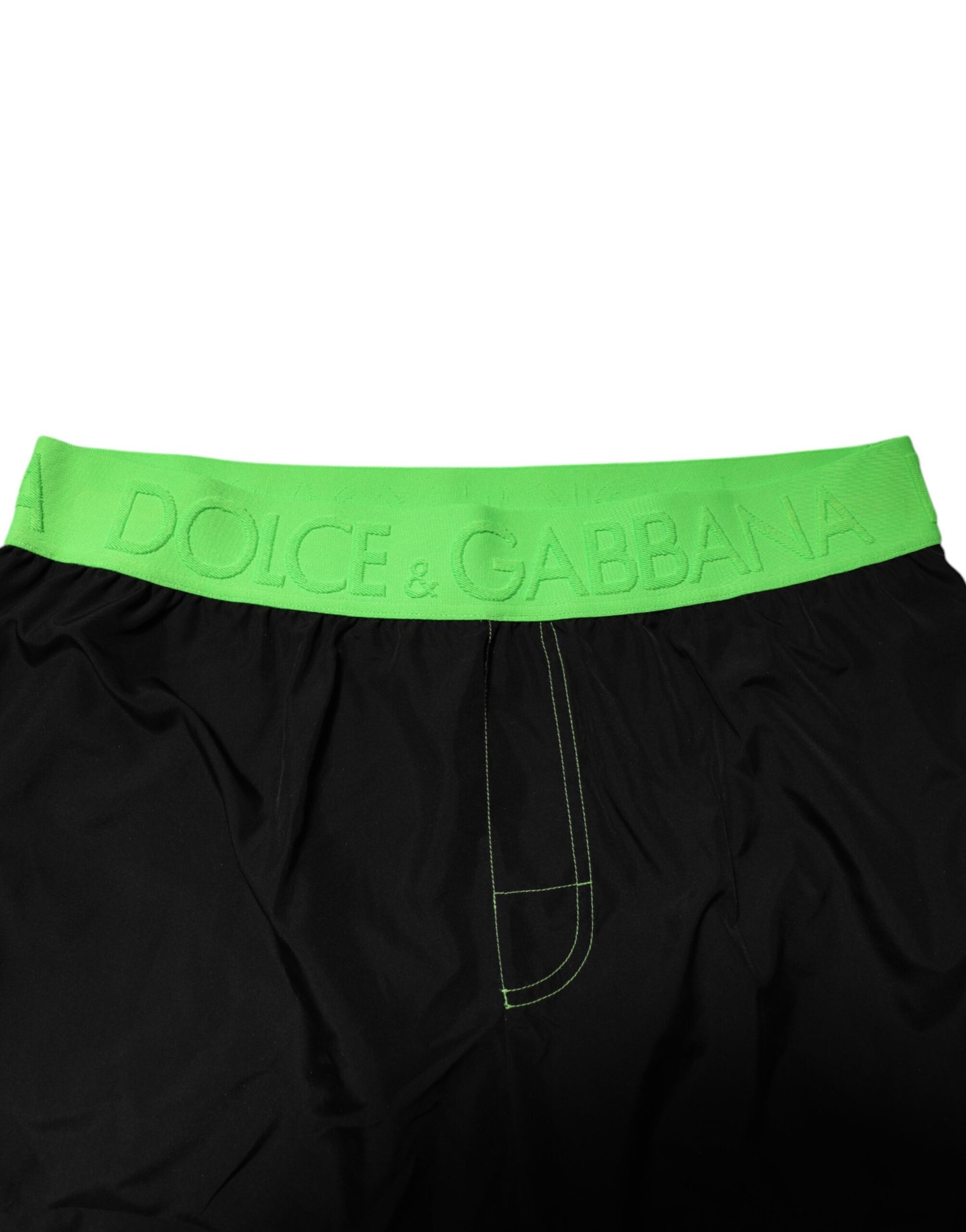 Dolce & Gabbana Black Green Logo Waistband Beachwear Short Swimwear