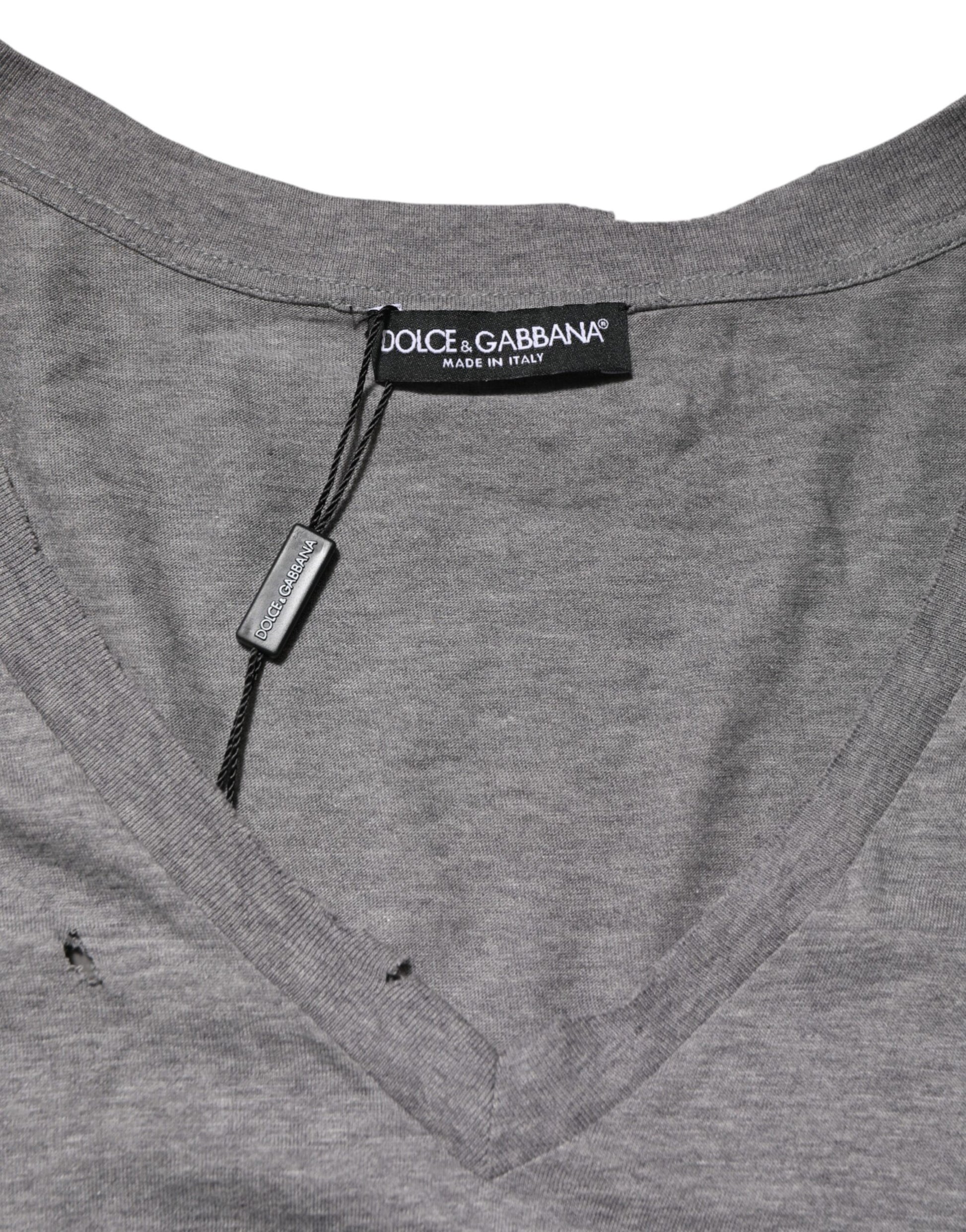 Dolce & Gabbana Gray Cotton Tattered Logo Patch Men T-shirt